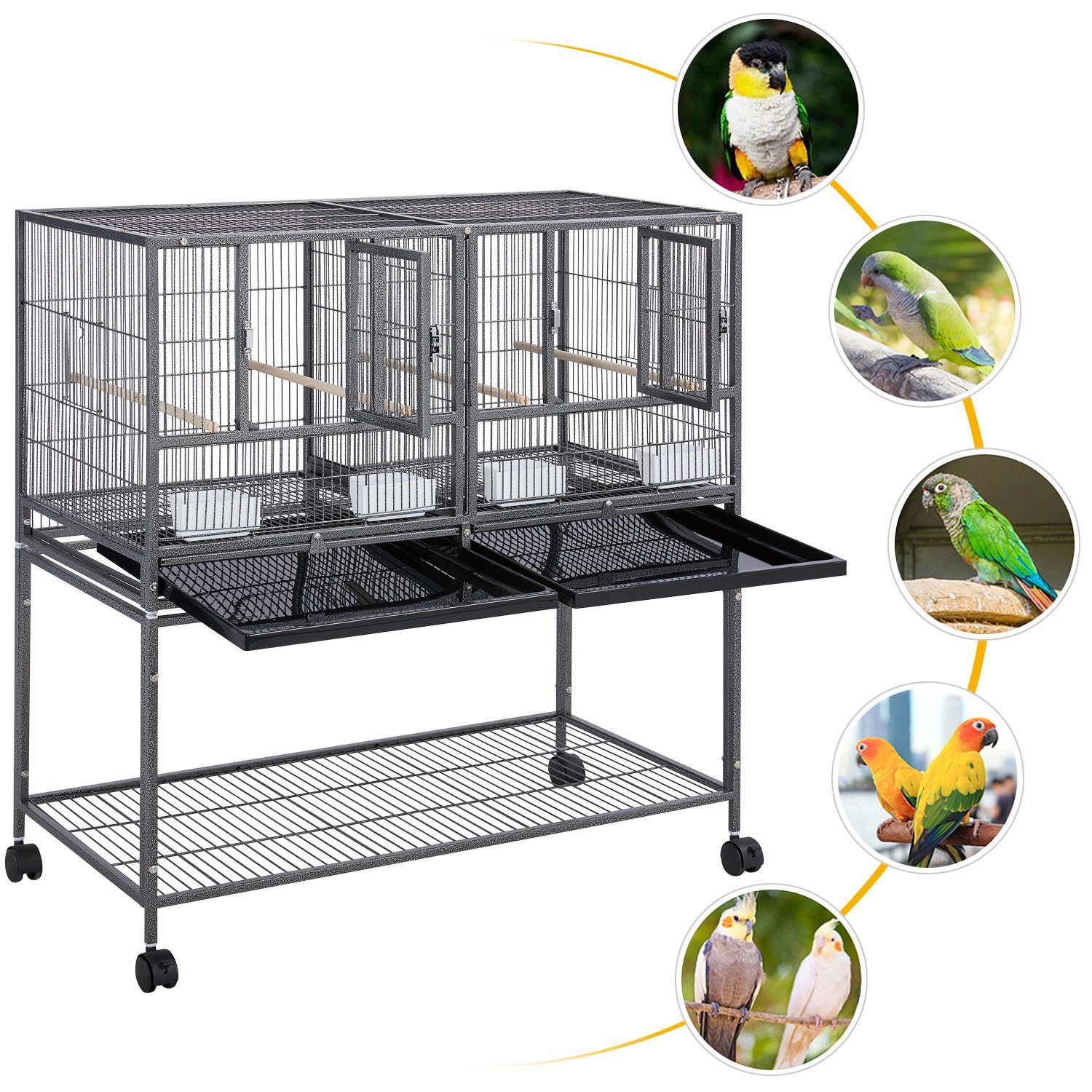 Yaheetech Vogelkäfig Zuchtkäfig, Doppelkäfig mit Rollständer&Trennwand