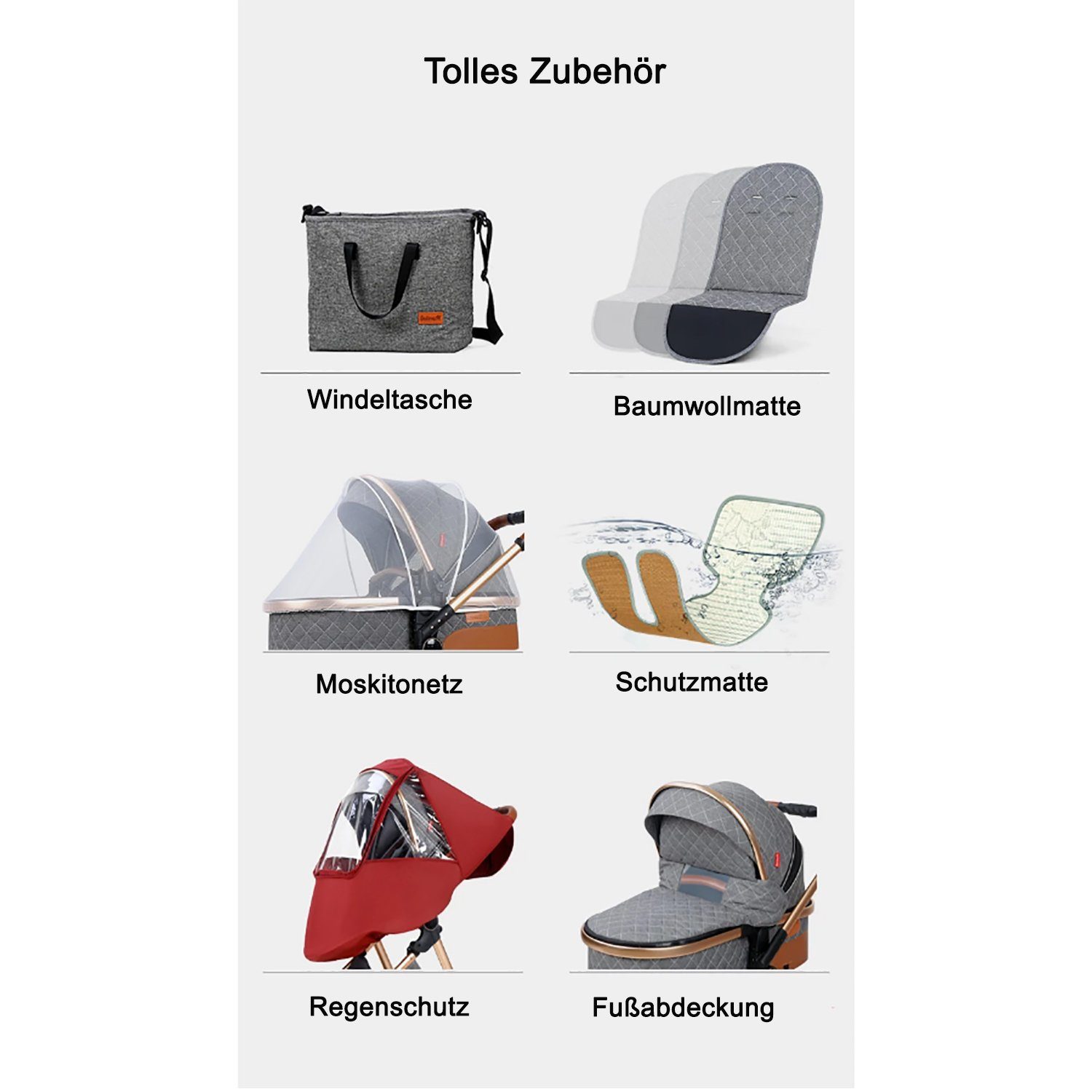 TPFLiving Kombi-Kinderwagen Babyschale Baby Buggy Babywanne Windeltasche, Moskitonetz Regenschutz Kinderwagen 3 in 1 inkl. Zubehörset Hellgrau