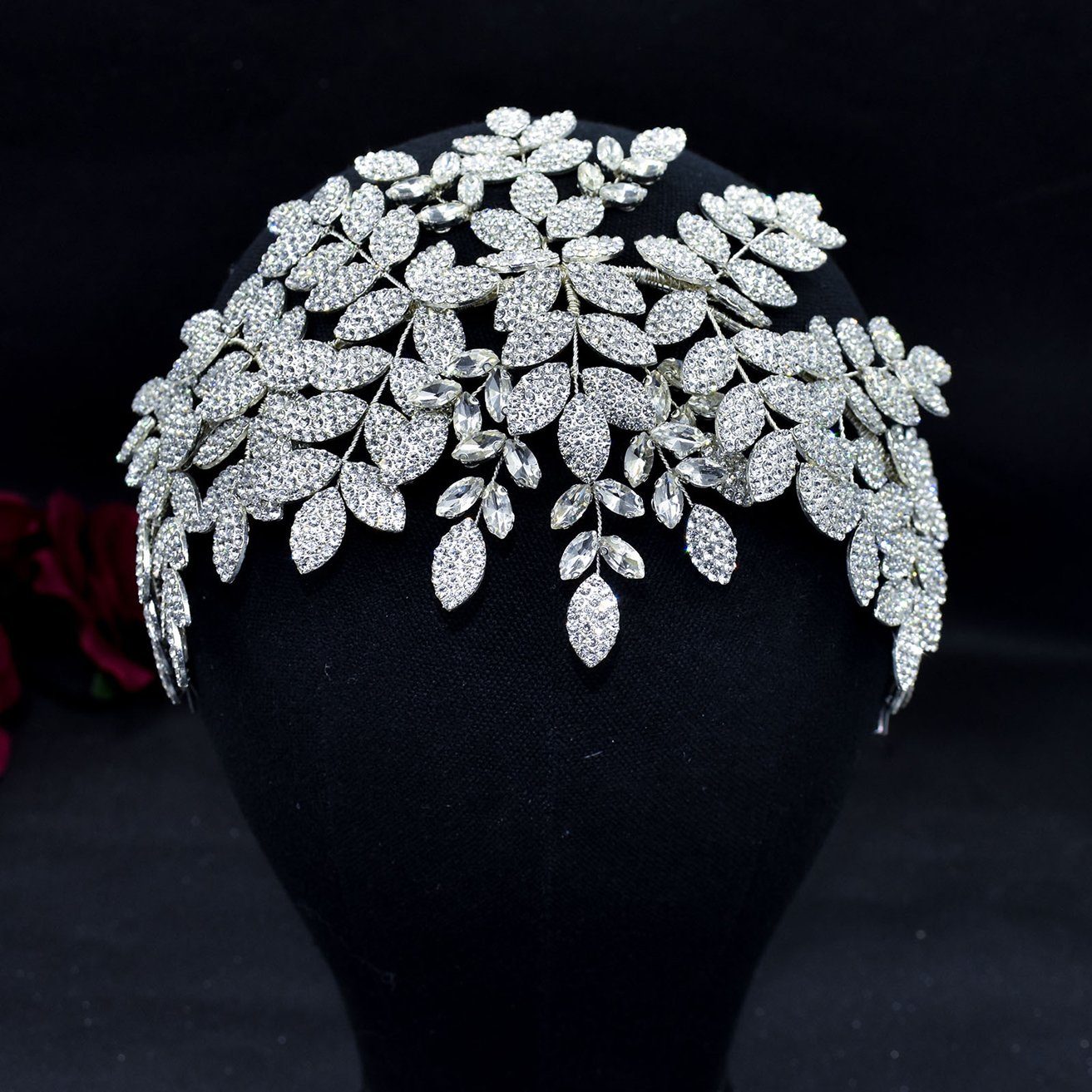 HOHEA H Haarband Kristall-Stirnband, Hochzeits-Haarschmuck, Braut-Haarschmuck, 1-tlg., Silberner Haarschmuck, Brauthaarnadeln, Kristallkrone, Silberne Kristall-Haarranke mit Blumenblatt-Haarschmuck