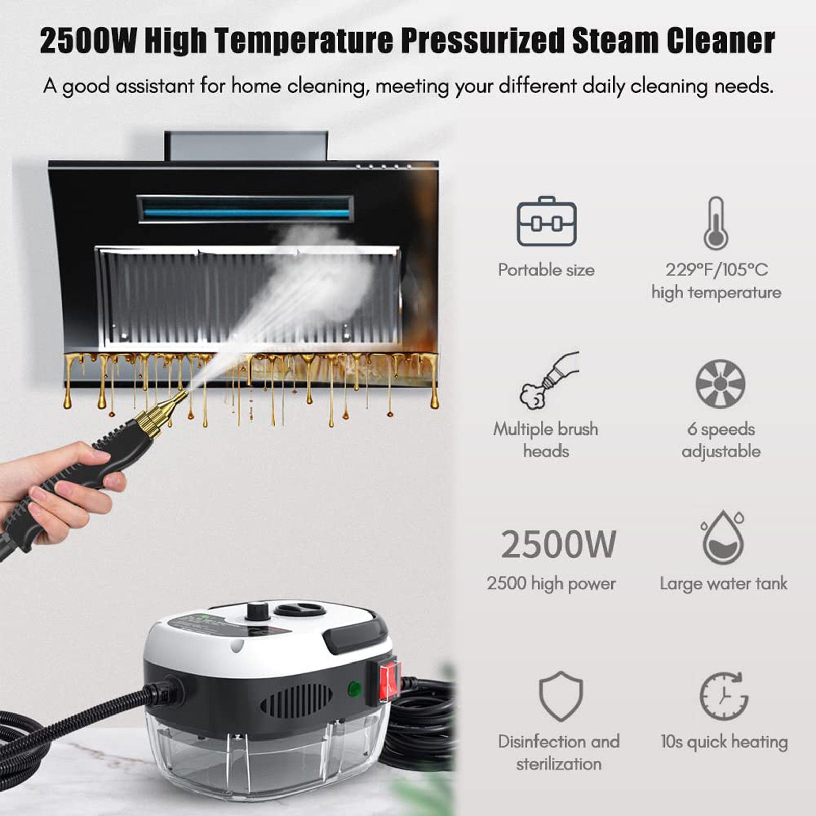 SEEZSSA Handdampfreiniger 2500W Tragbarer Dampfreiniger mit Bürstenköpfen Dampfsauger, Dampfreiniger Handgerät hocheffizient Reinigungsgerät,Weiß