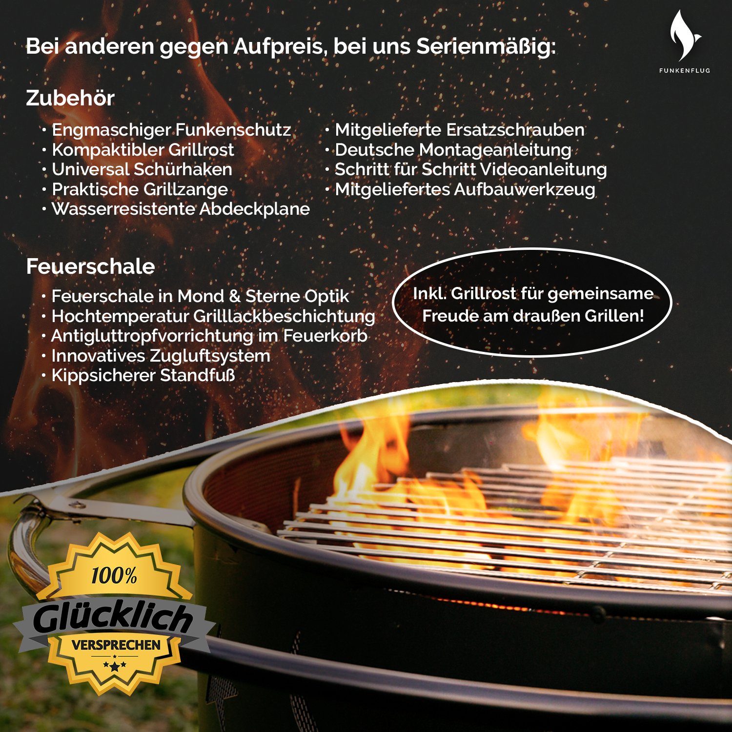 Funkenflug Feuerschale Feuerschale mit Funkenschutz in atemberaubender Mond und Sterne Optik, (Feuerschale inkl. Grillzubehör, Feuerkorb mit Grillrost & Grill Abdeckhaube), - Feuerstelle für geselliges Ambiente -