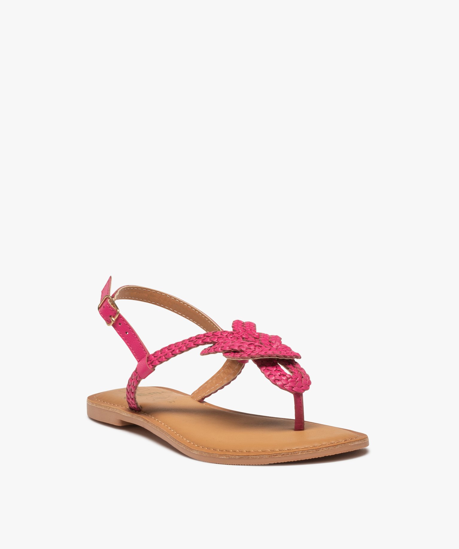 Sandales femme à talon plat et brides entre-doigts tressée... rose | GEMO