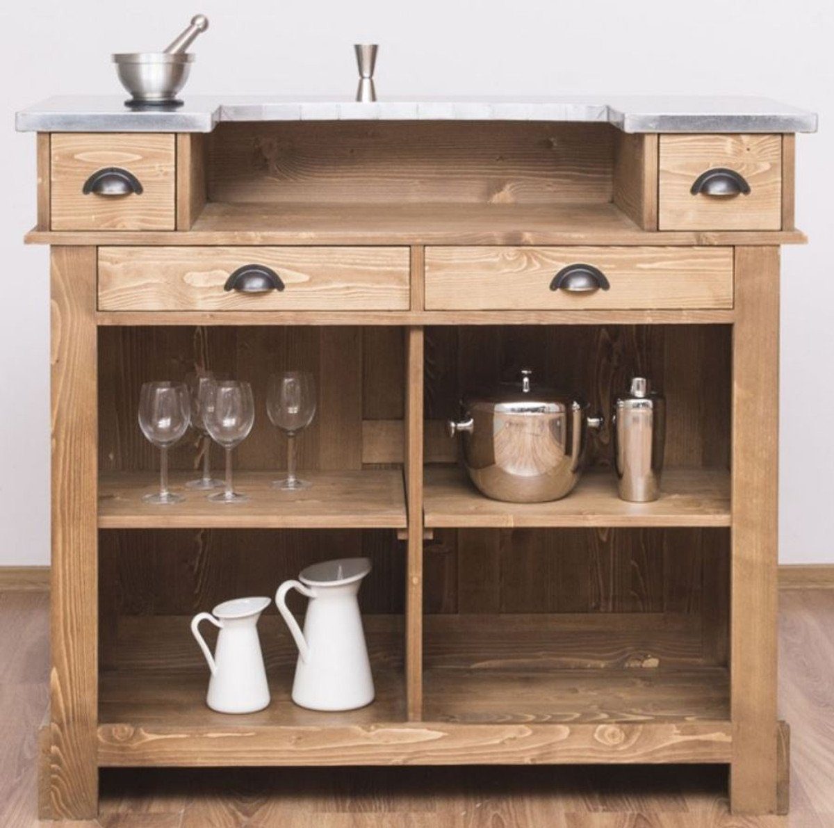 Casa Padrino Barschrank Landhausstil Theke Naturfarben / Silber 120 x 65 x H. 107 cm - Massivholz Thekentisch mit verzinkter Tischplatte - Barmöbel im Landhausstil