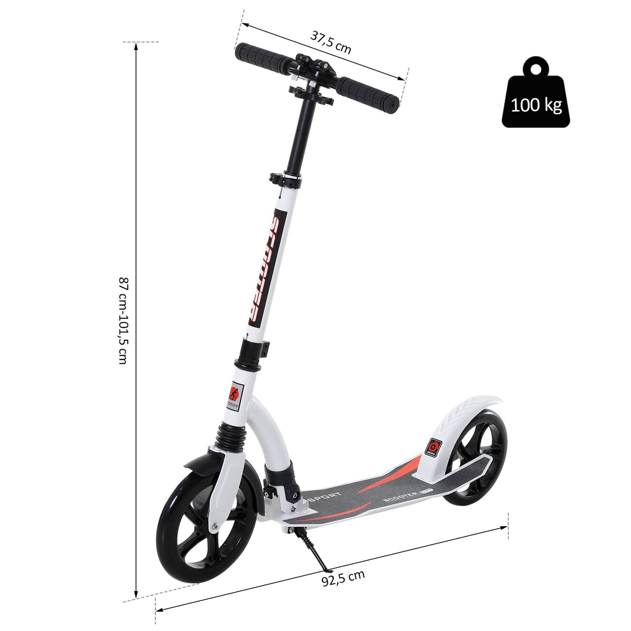 Outsunny HOMCOM Kinderscooter Kickscooter mit Stoßdämpfung Tretroller Weiß 92,5 x 37,5 x 87-101,5 cm