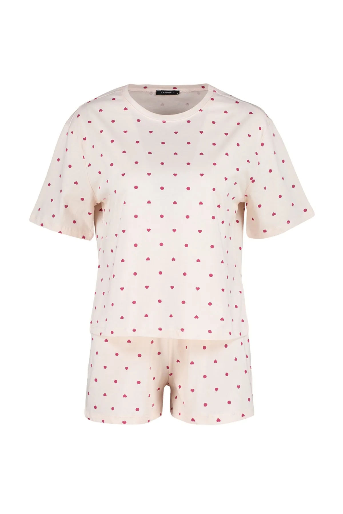 Trendyol Collection  Hellrosa Pyjama-Set aus T-Shirt und Shorts mit Herzmuster, 100 % Baumwolle, Strick THMSS21PT1485