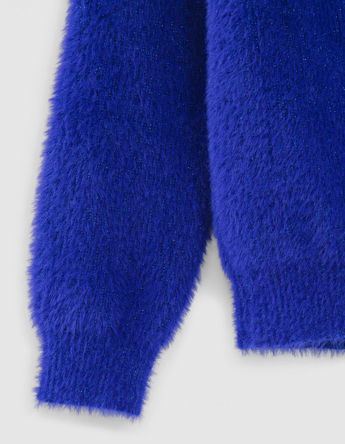 Pull bleu pailleté et brodé maille mousseuse fille