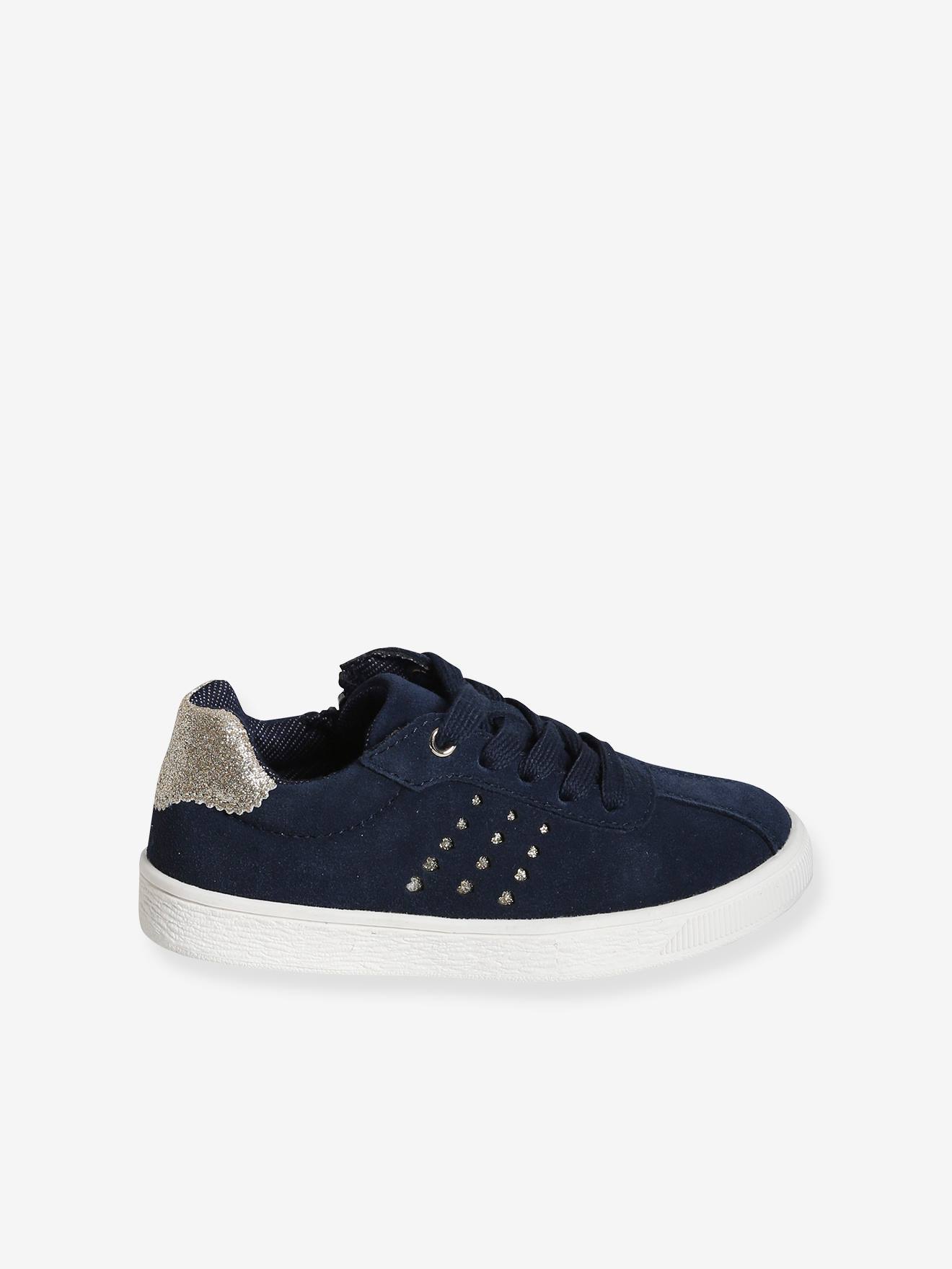 Baskets cuir fille lacées et zippées détails paillettes bleu marine