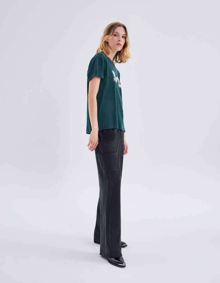 Tee-shirt vert canard bio à message clouté Femme