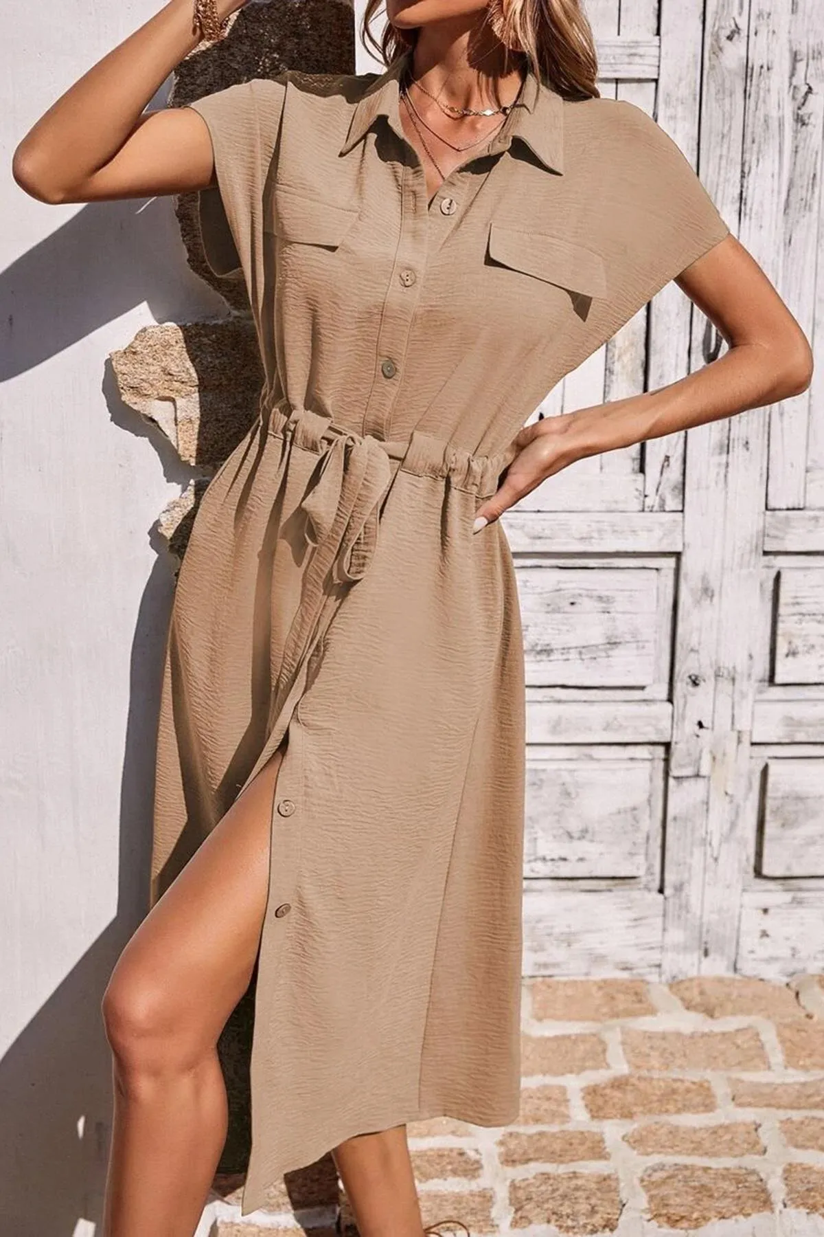 Madmext  Beiges langes Kleid mit Hemdkragen Mg1743