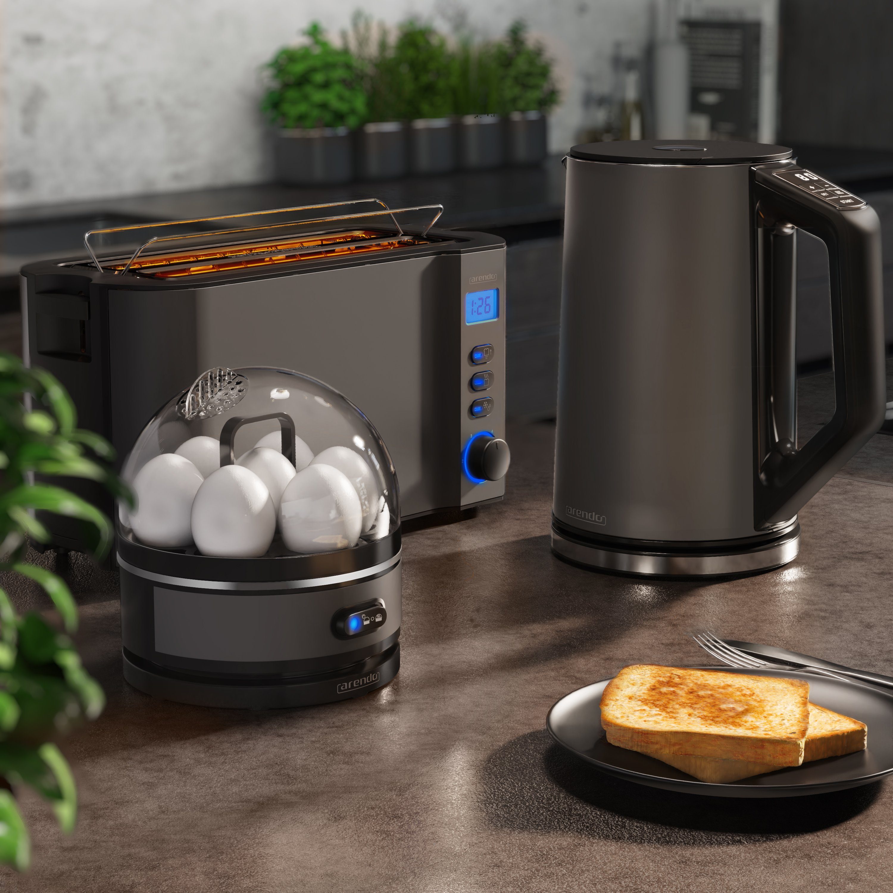 Arendo Frühstücks-Set (3-tlg), Wasserkocher 1,5l, 4-Scheiben Toaster, 7er Eierkocher, Grau