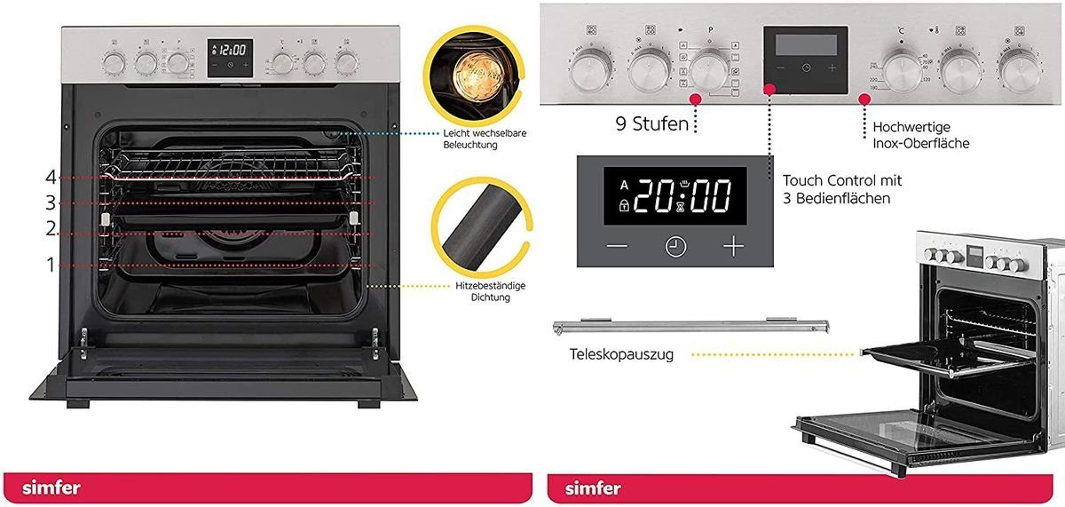 Simfer Elektro-Herd-Set SMF-CS 3029, 60 Liter, Einbau Herd-Set, 60 cm Glaskeramikkochfeld mit Zweikreis-und Bräterzone, mit 1-fach-Teleskopauszug, SteamClean, 9 Funktionen, Digitaler Timer, Heißluft, Grillfunktion, Umluft