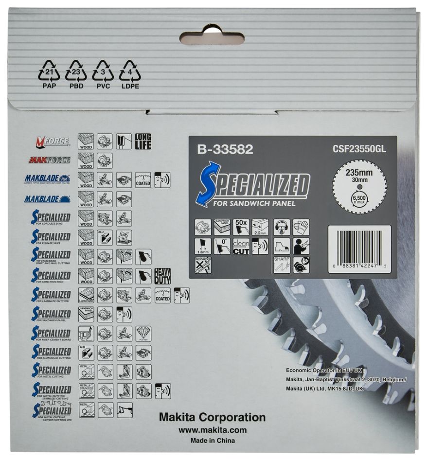 Makita Zubehör B-33582 Kreissägeblatt Spezial Sandwichpaneel SMTCG 235 x 30 x 2,2 mm T50