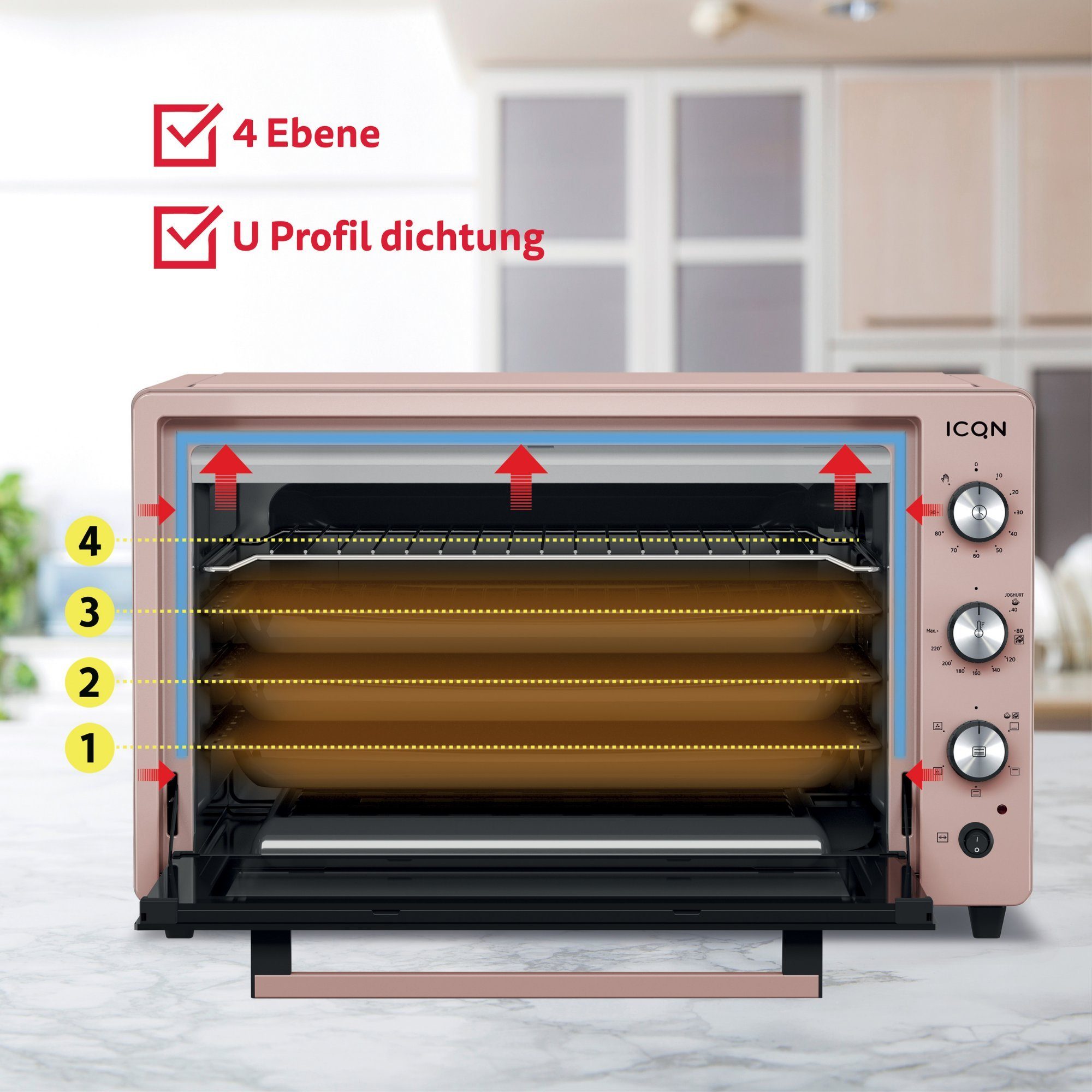 ICQN Minibackofen 60 Liter XXL, inkl. Backblech Set, 40°-230°C, Umluft, Pizza-Ofen, Doppelverglasung, Drehspieß, Timer, Emailliert
