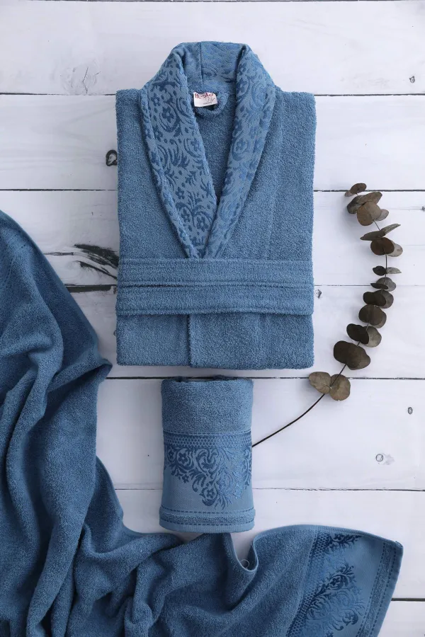 Fiesta  Einzel-Bademantel-Set aus Baumwoll-Jacquard – Marineblau