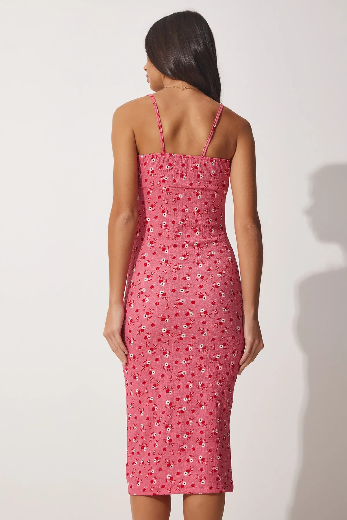 Happiness İstanbul  Damen-Sommerstrickkleid mit gerafftem Kragen und Blumenmuster in Rosa FF00124