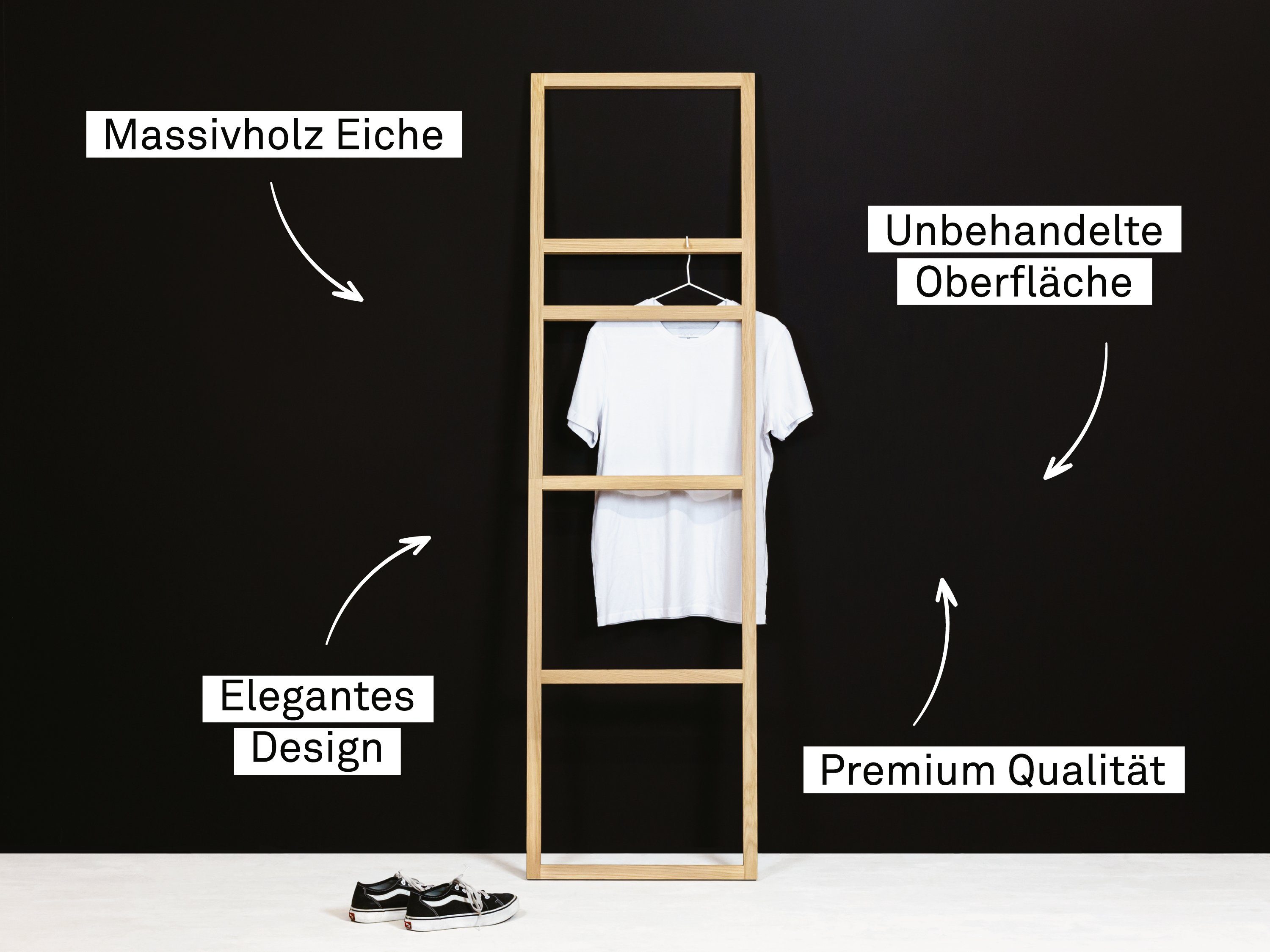 kommod Leiterregal MONA, Dekoleiter, Stummer Diener – 180 x 50 x 3 cm – Eiche massiv natur