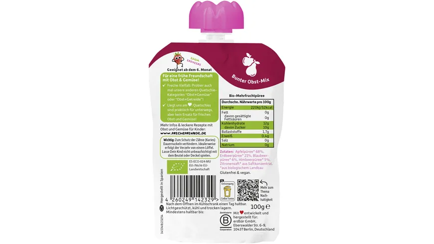 Freche Freunde Bio Quetschie 100% Apfel, Erdbeere, Blaubeere & Himbeere 100 g