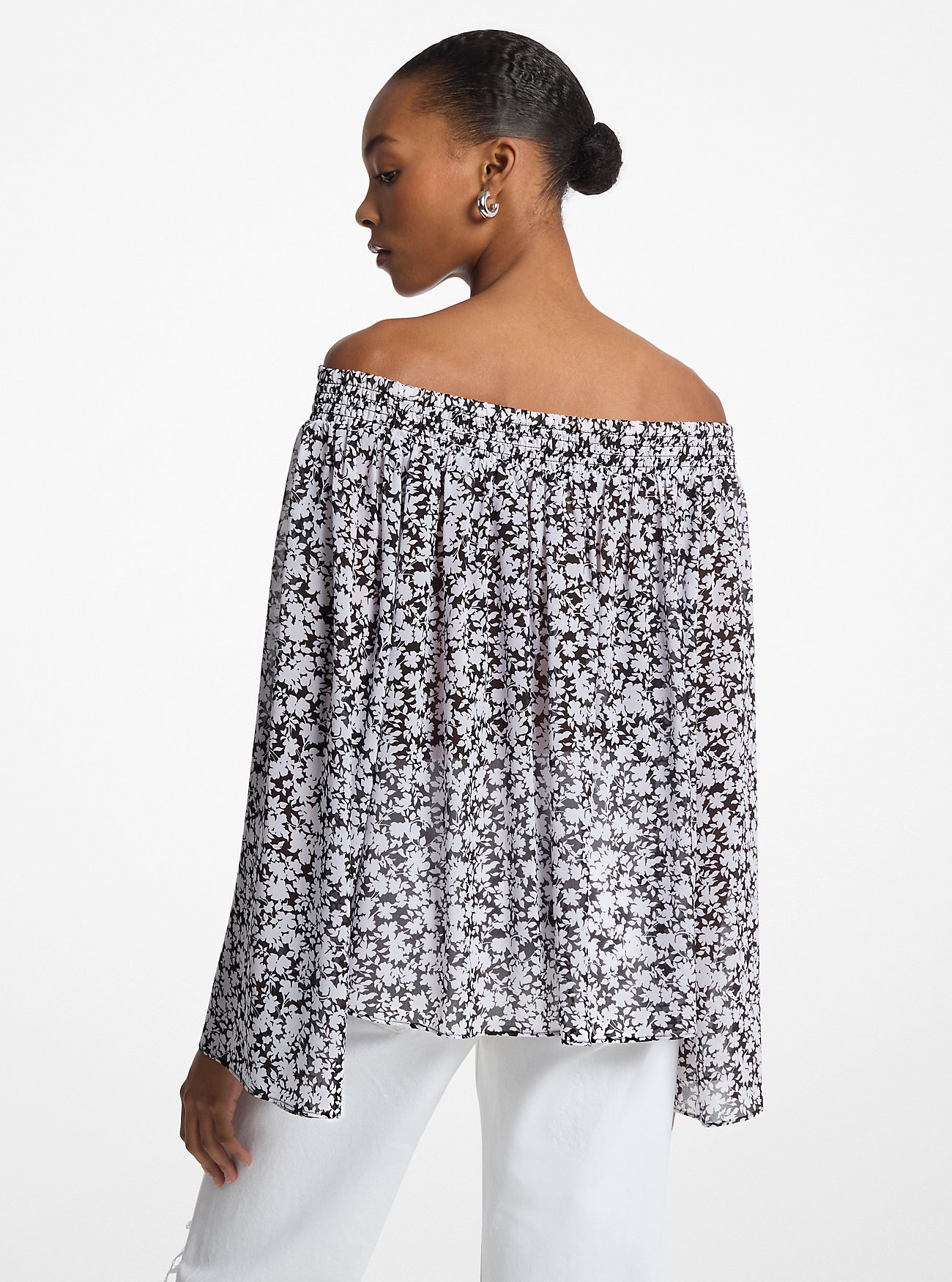 Blomsterprint Georgette Topp Med Bare Skulder - HVIT