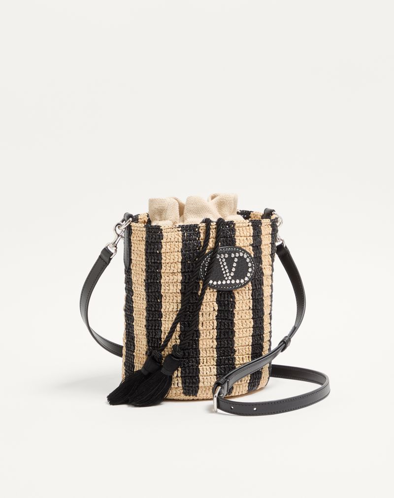 Valentino Garavani lille stribet raffia-buckettaske