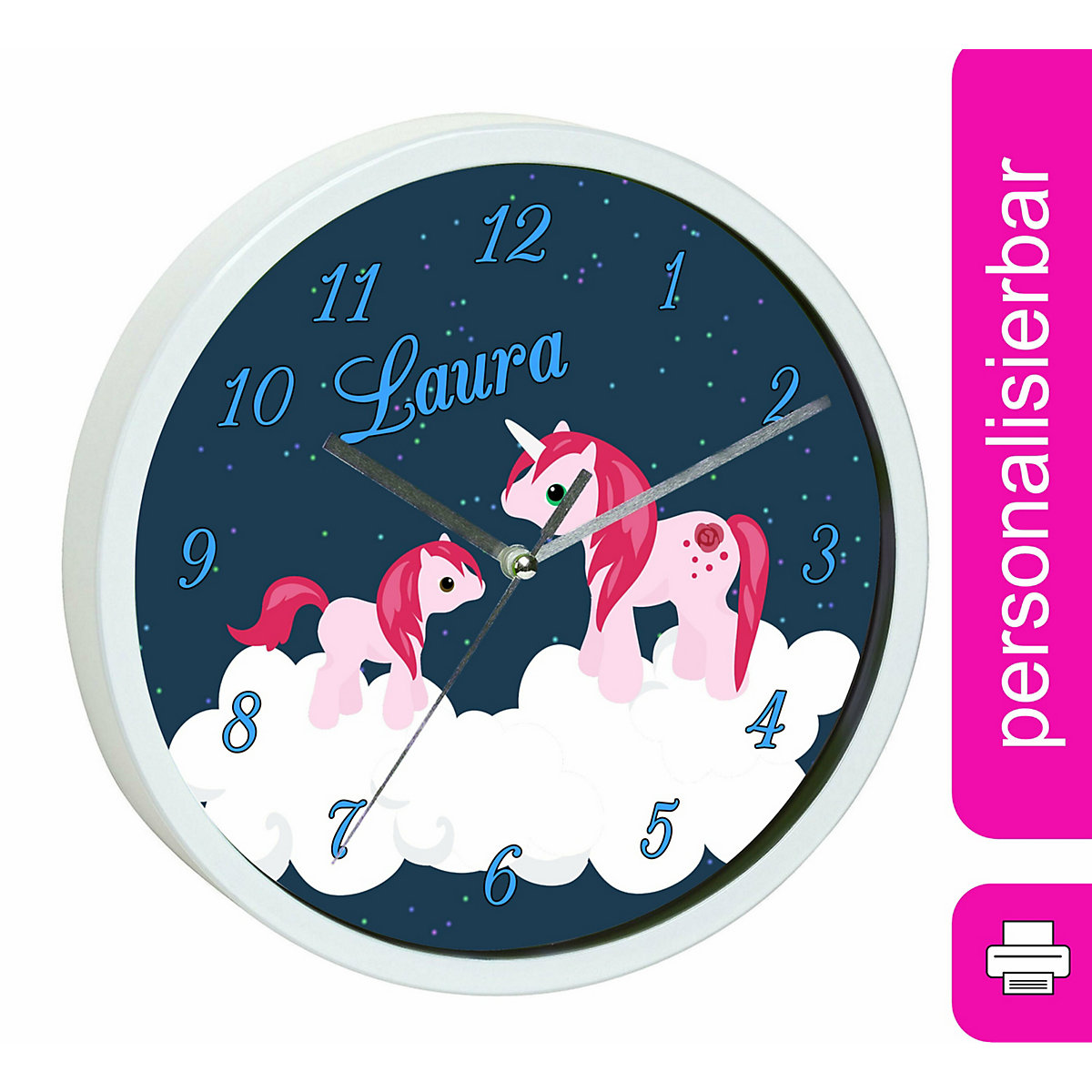 Kinder Wanduhr personalisiert mit Name Einhorn