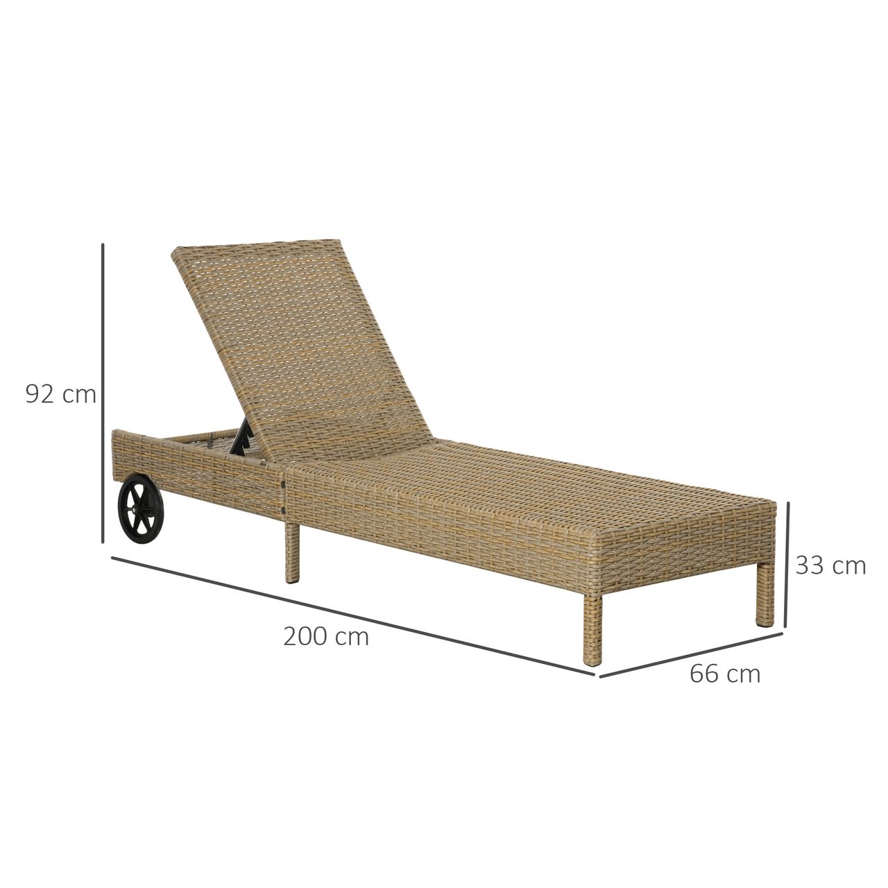 Outsunny Polyrattan Sonnenliege Gartenliege mit Rollen Kissen 4-stufig verstellbar Rattanliege Gartenmöbel Liege Stahl Natur Khaki 200 x 66 x 92 cm