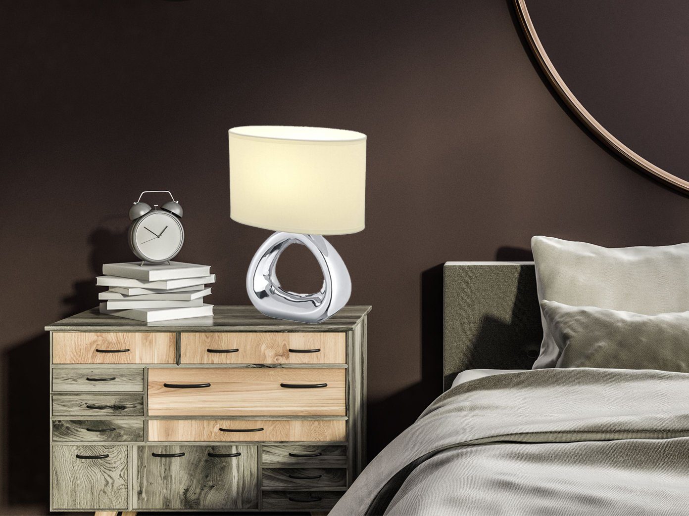meineWunschleuchte LED Tischleuchte, LED wechselbar, Warmweiß, ausgefallene Designer Lampe Silber mit Stoff Lampen-schirm Weiß, H: 34
