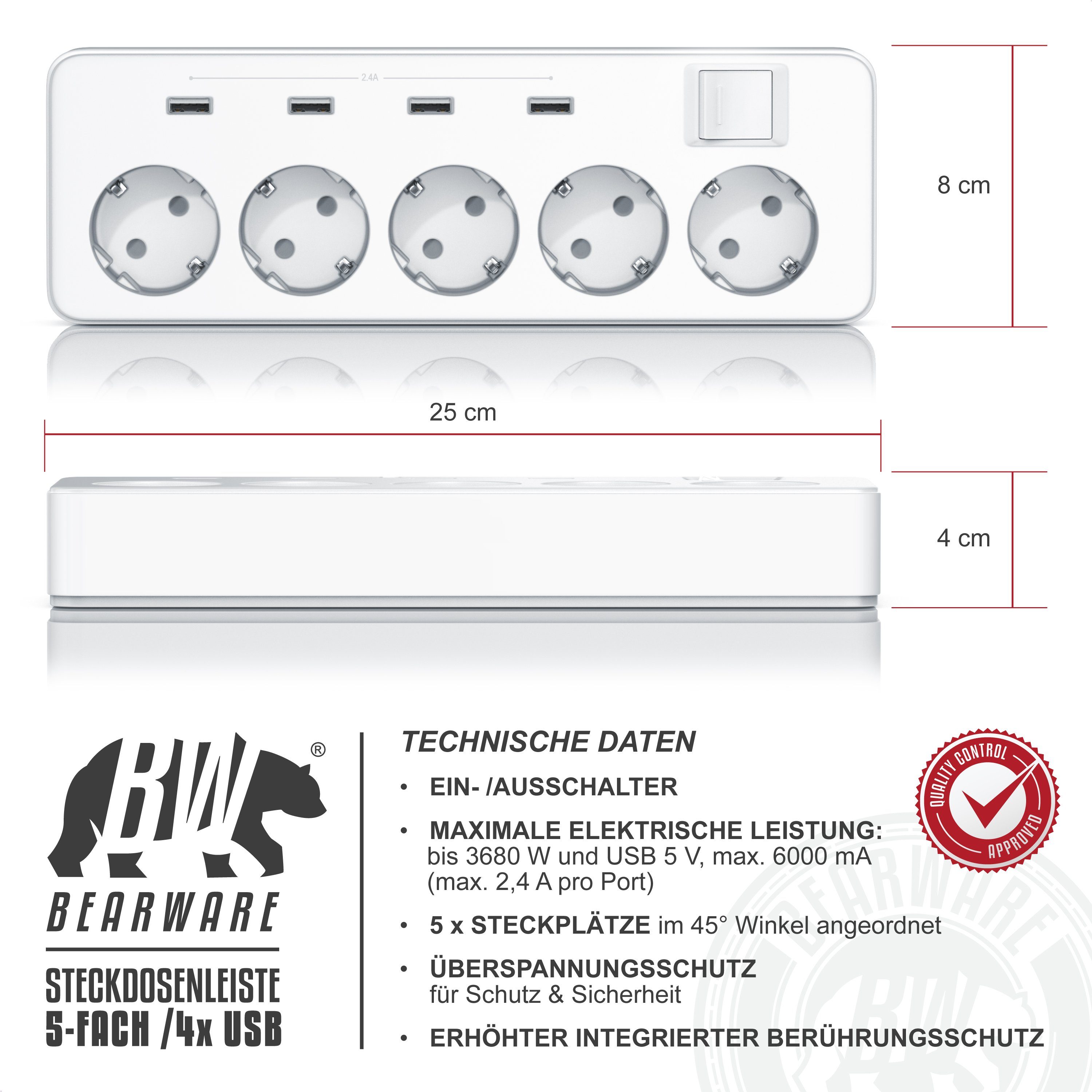 BEARWARE Steckdosenleiste 5-fach (Ein- / Ausschalter, USB-Anschlüsse, Kindersicherung, Schutzkontaktstecker, Überspannungsschutz, Kabellänge 1,50 m), Steckdosenleiste mit USB-Ladevorrichtung - 4x USB-Ports