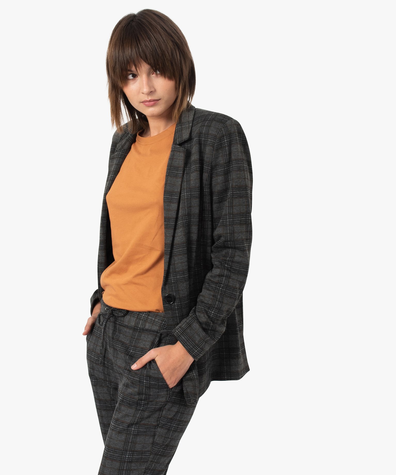 Veste femme à carreaux et col tailleur | GEMO