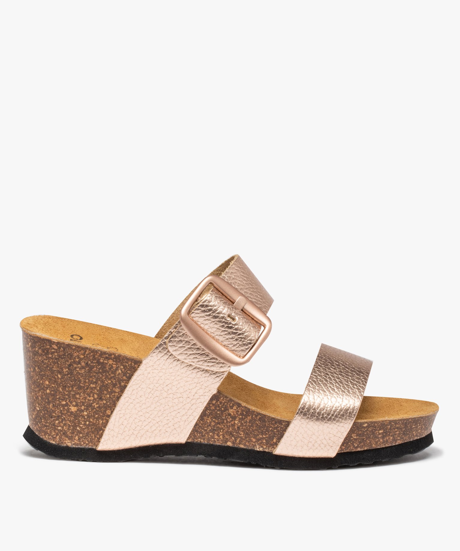 Mules femme compensées à larges brides en cuir rose | GEMO
