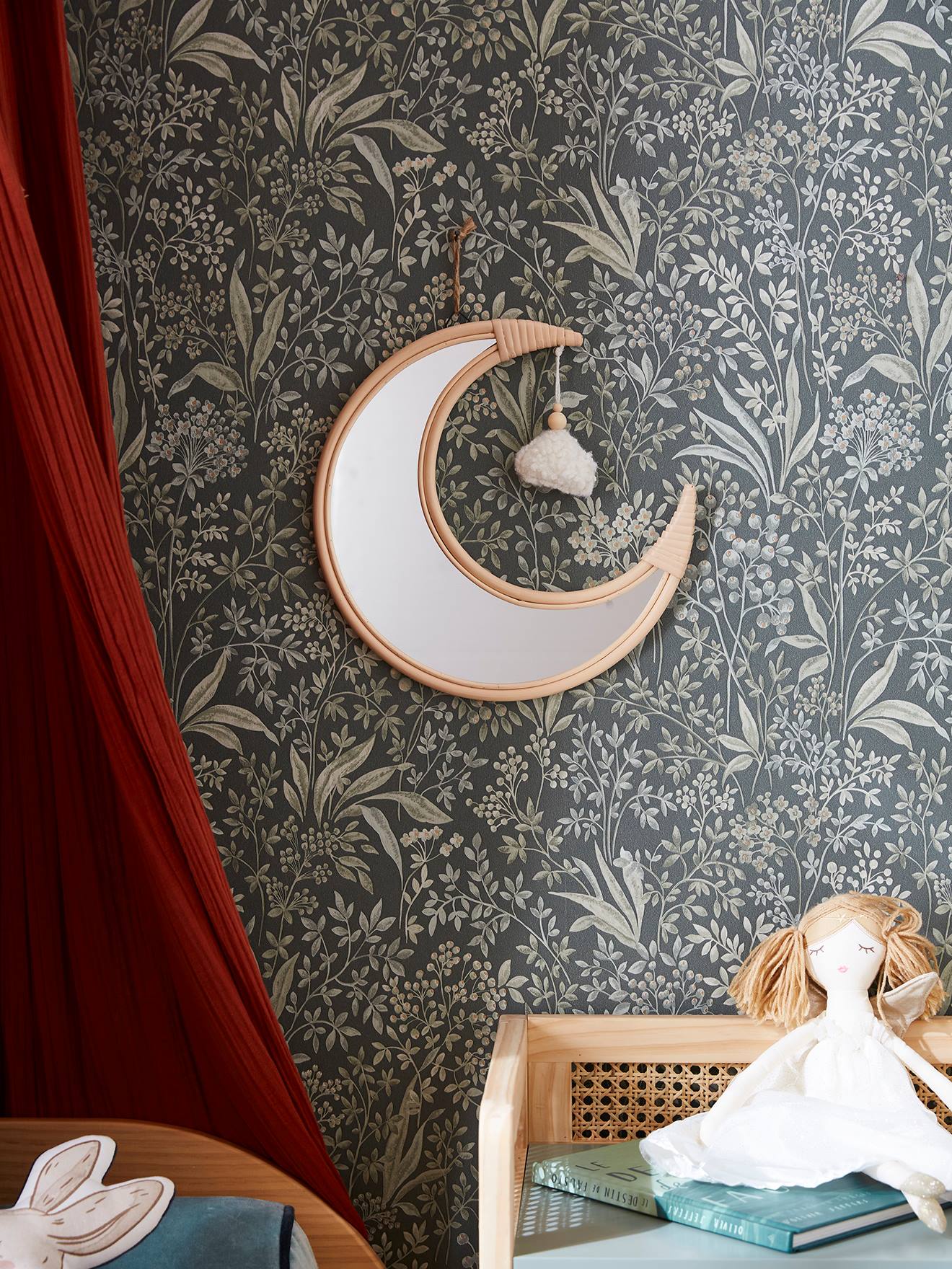 Vertbaudet Kinderzimmer Spiegel aus Rattan, Mond & Wolke - beige