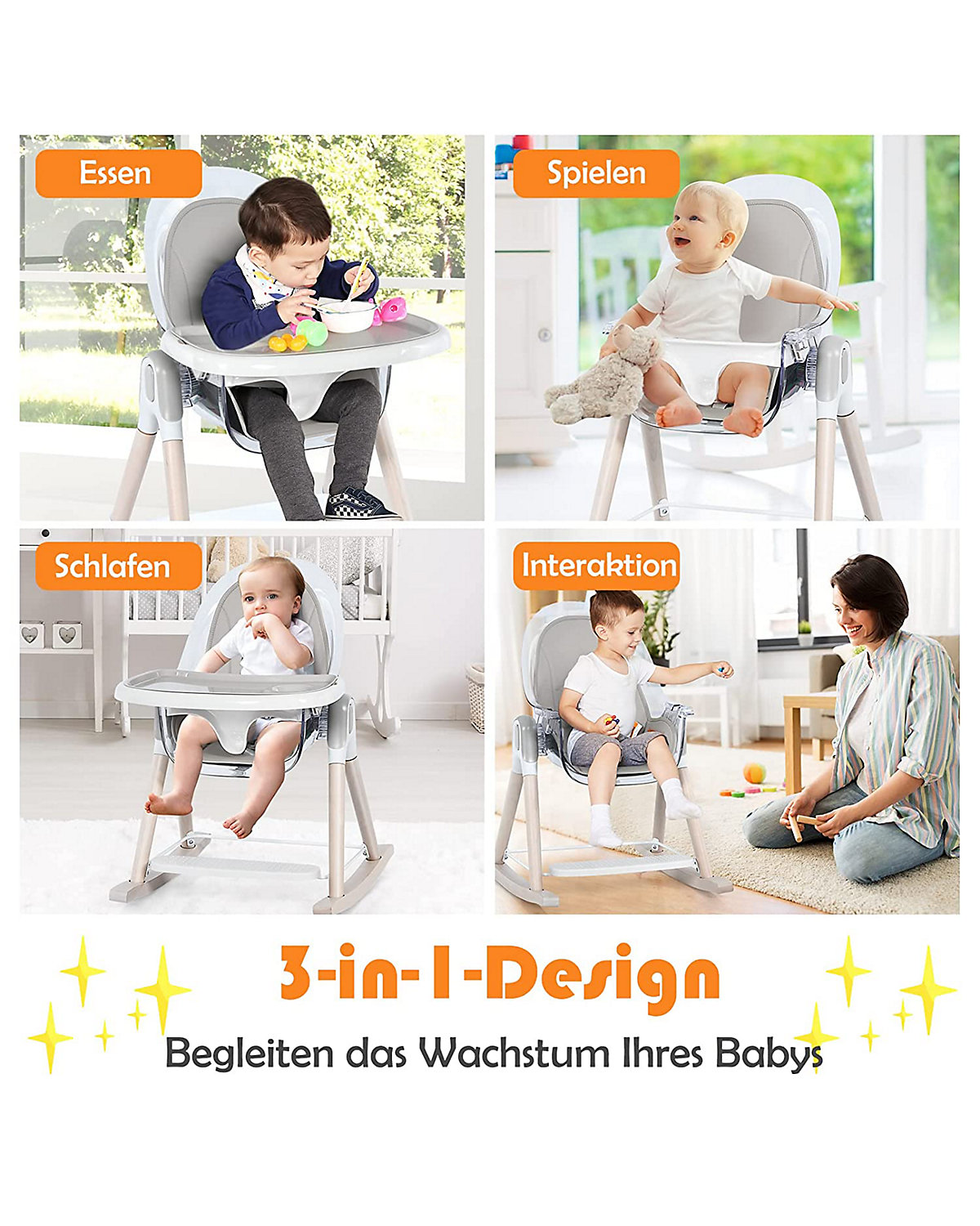 3 in 1 Hochstuhl Schaukelstuhl Winkeleinstellbar 0-6 Jahren