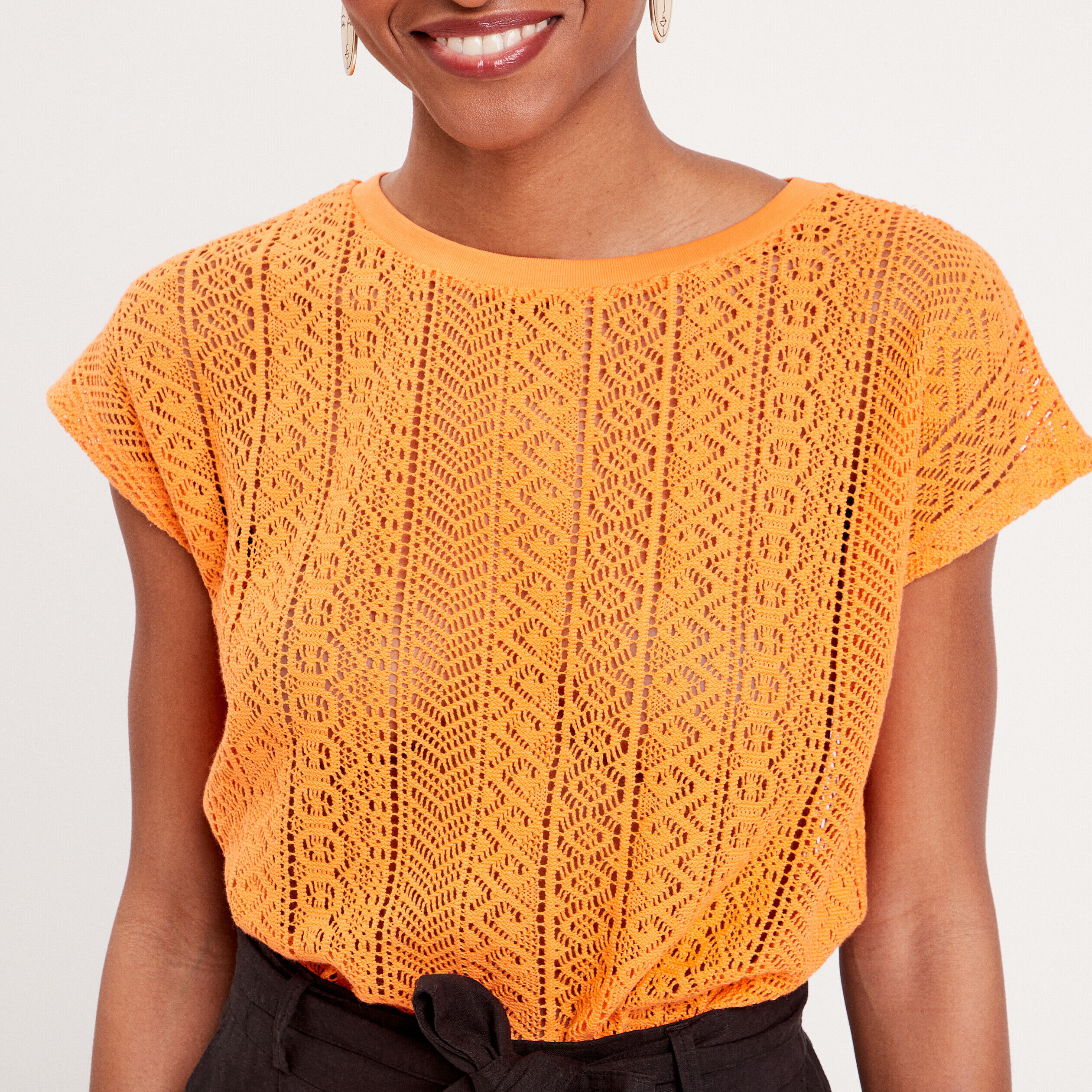 T-shirt manches courtes ajouré orange femme | Cache Cache