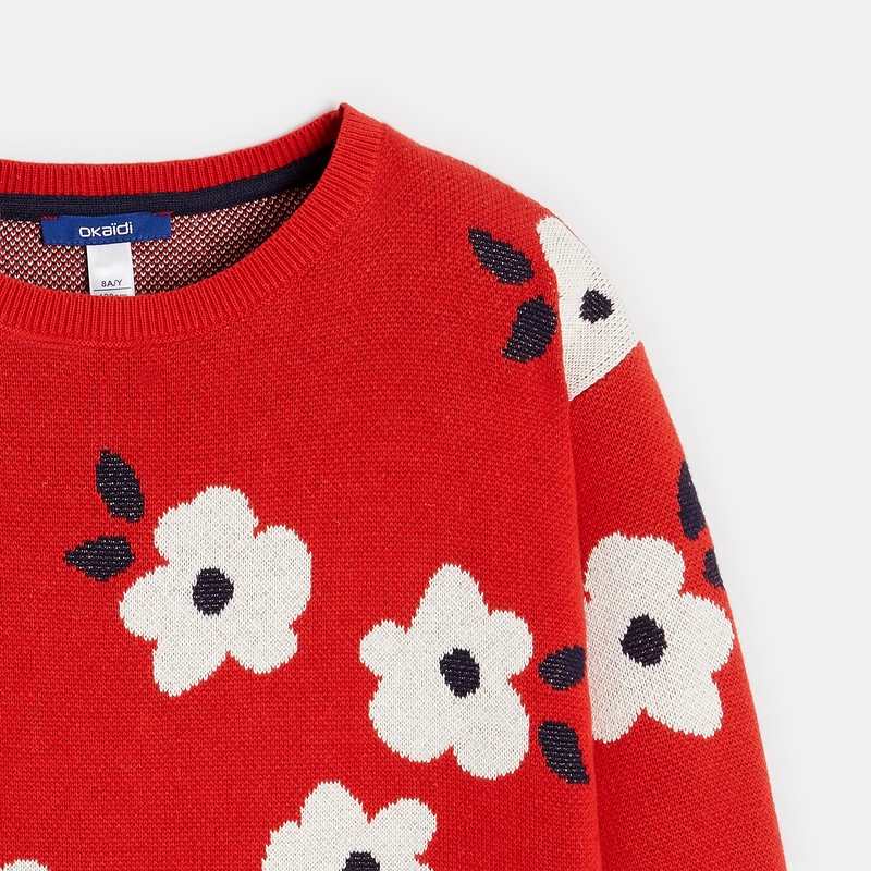 Pull jacquard à fleurs bleu fille