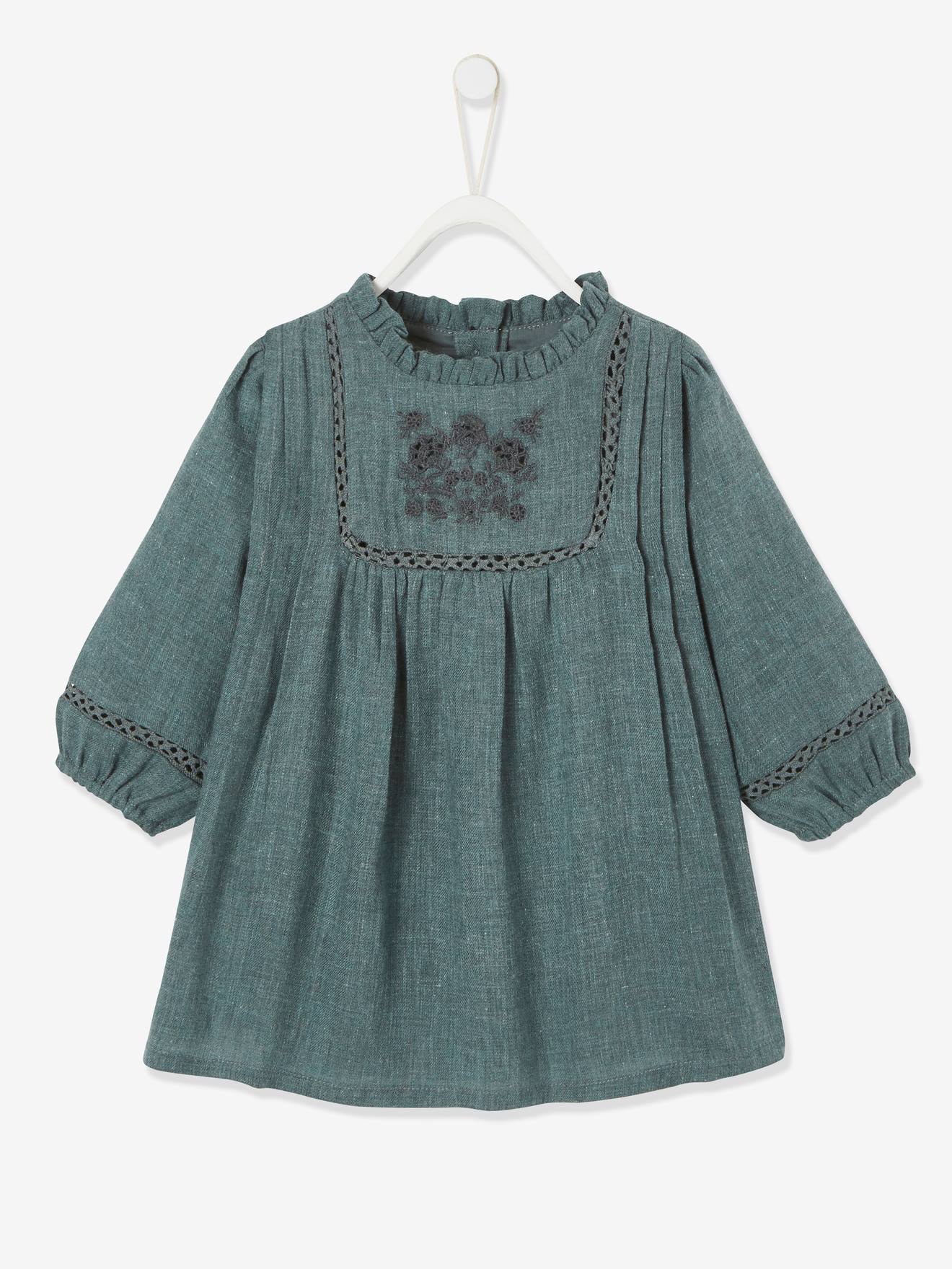 Robe avec plastron brodé bébé vert grisé
