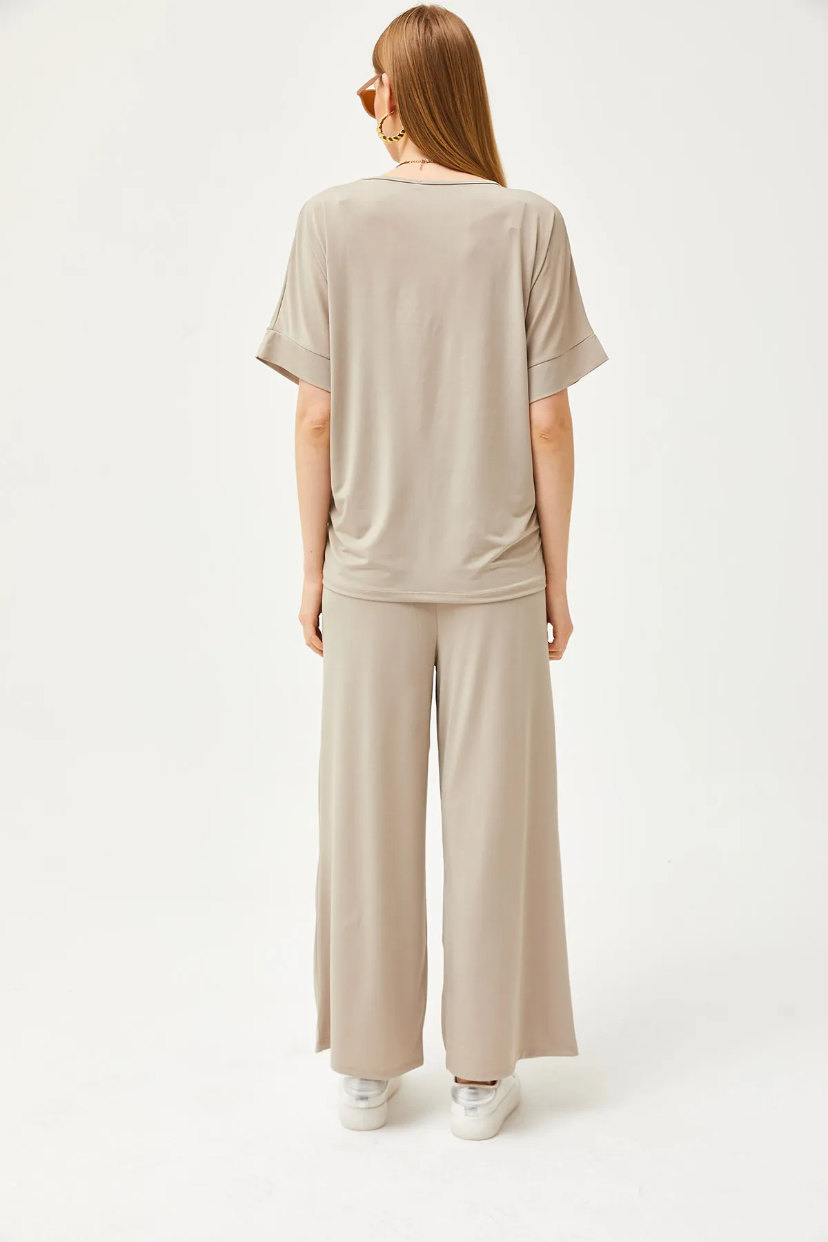 Olalook  Damen Beige Top Bluse Unterteil Palazzo Locker Strick Set TKM-19000267