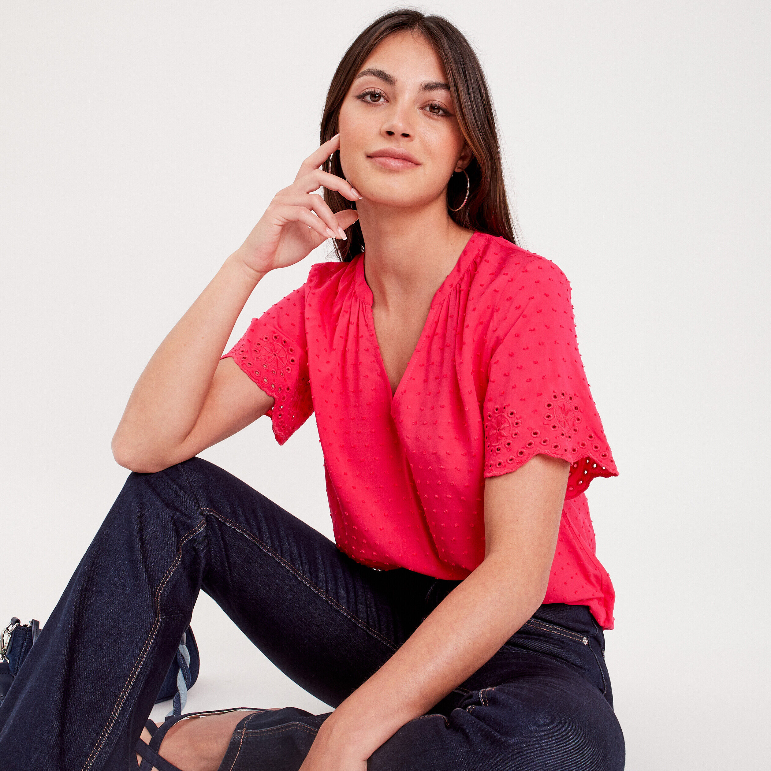 Blouse manches broderie rose vif femme | Cache Cache