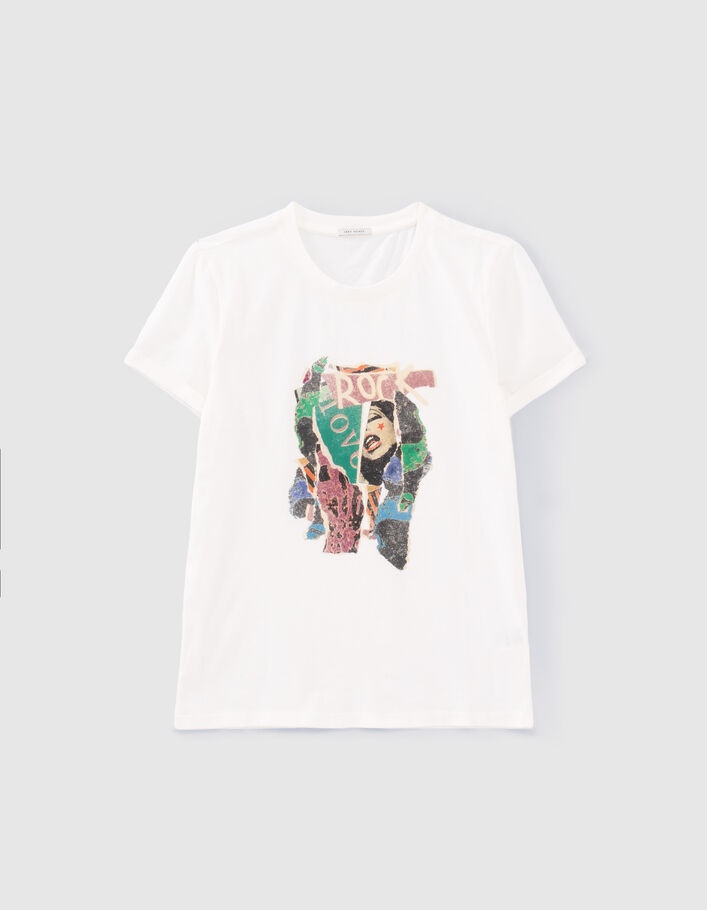 Tee-shirt écru visuel collage arty rock and love Femme