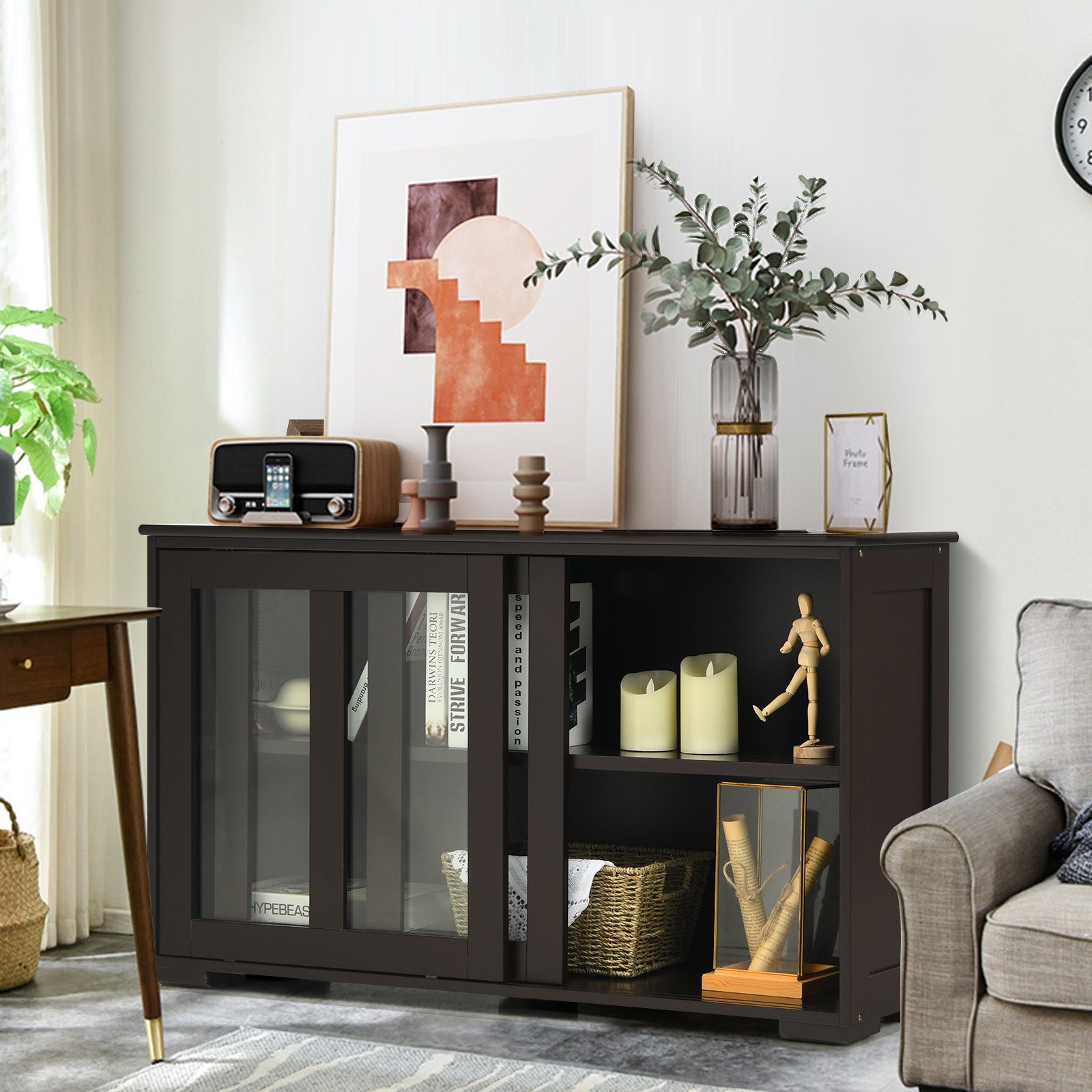 COSTWAY Sideboard, mit Schiebetüren, höhenverstellbarer Ablage