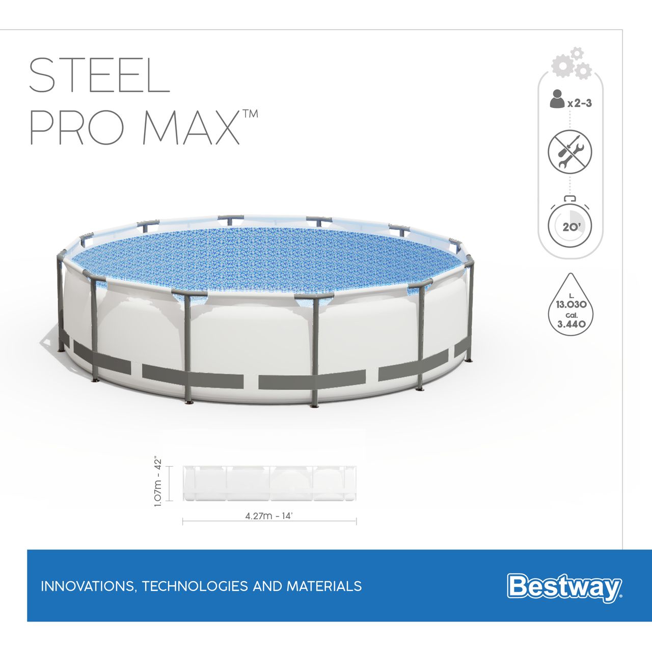 Bestway Steel Pro MAX™ Frame Pool Komplett-Set mit Filterpumpe Ø 427 x 107 cm, lichtgrau, rund