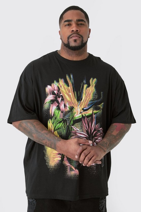 Plus schwarzes Oversize T-Shirt mit floralem Print