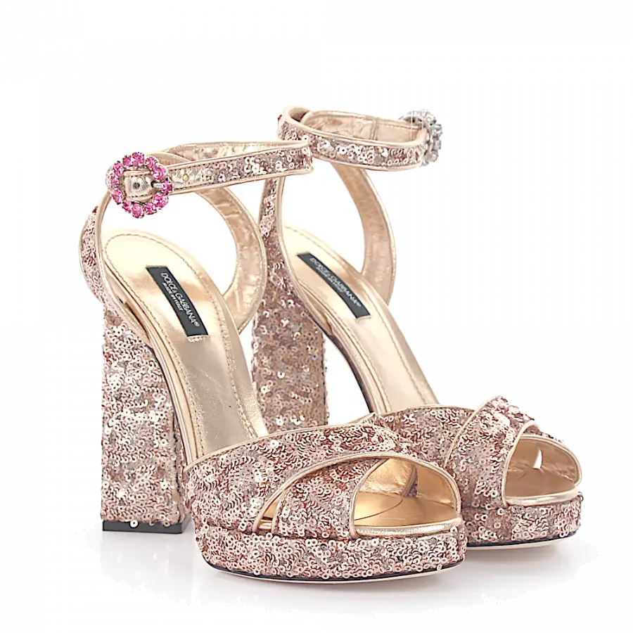 Dolce & Gabbana - Plateausandalen Kalbsleder Textil Pailletten Schmuckstein rosé - pink
