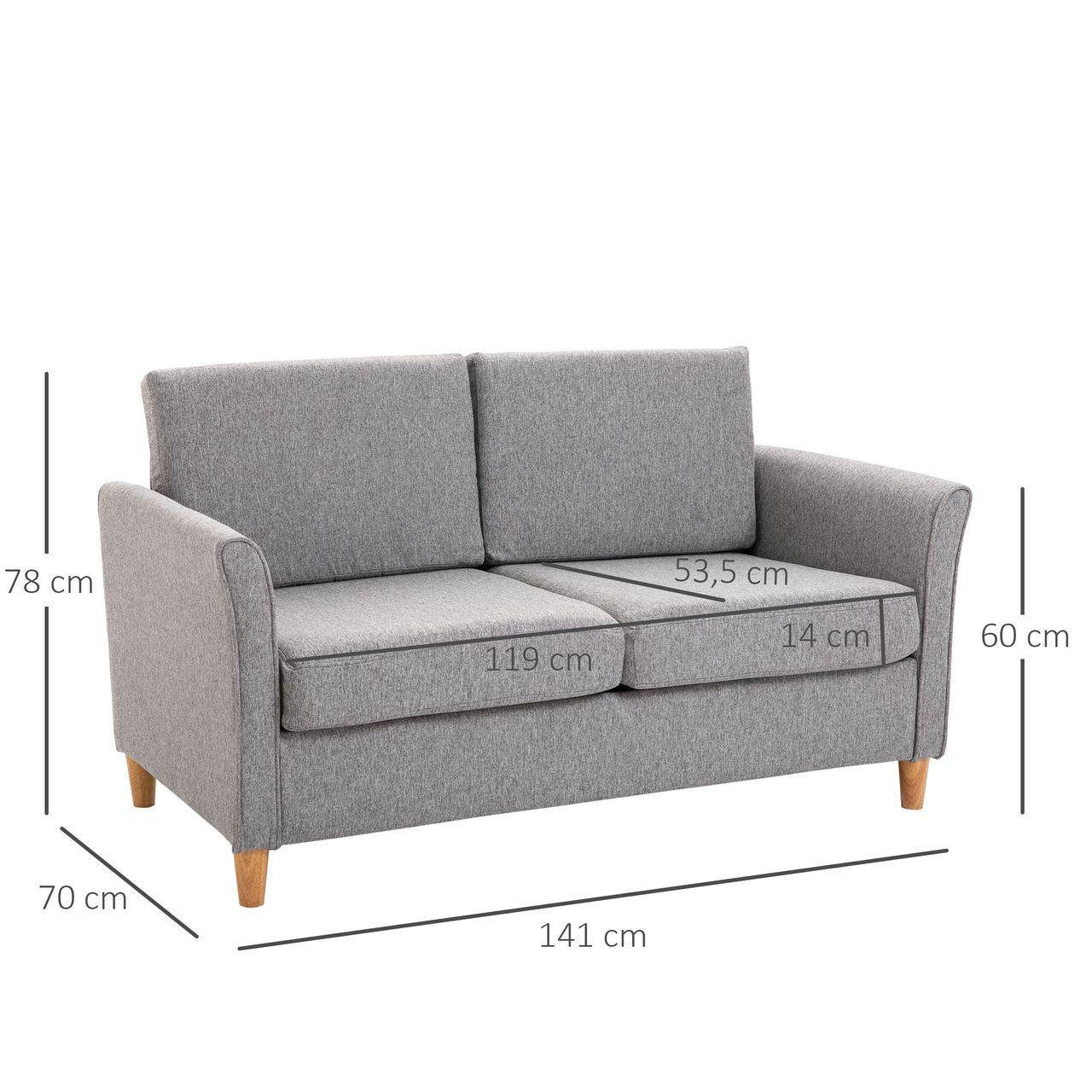 HOMCOM 2-Sitzer Sofa Stoffsofa Doppelsofa abnehmbar mit Kissen 200 kg-Belastbarkeit Leinen Schaumstoff Hellgrau 141 x 70 x 78 cm