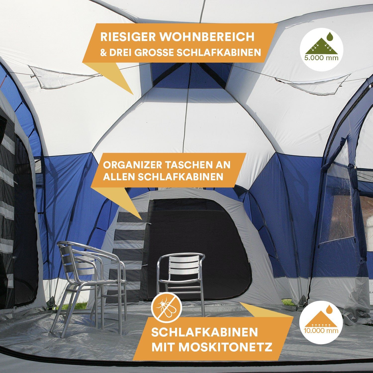 Skandika Kuppelzelt Nimbus 12 (blau), mit Sleeper Technologie, 3 Schwarze Schlafkabinen