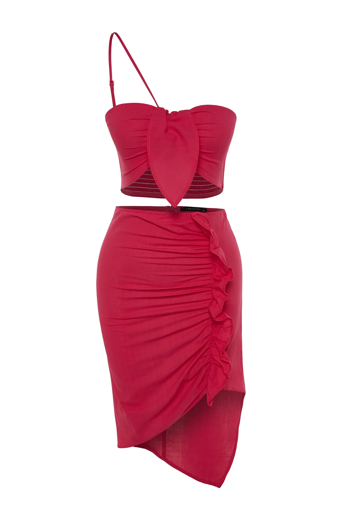 Trendyol Collection  Rosa, gewebtes, gerafftes Einschulter-Blusen-Rock-Set aus 100 % Baumwolle TBESS23AU00074
