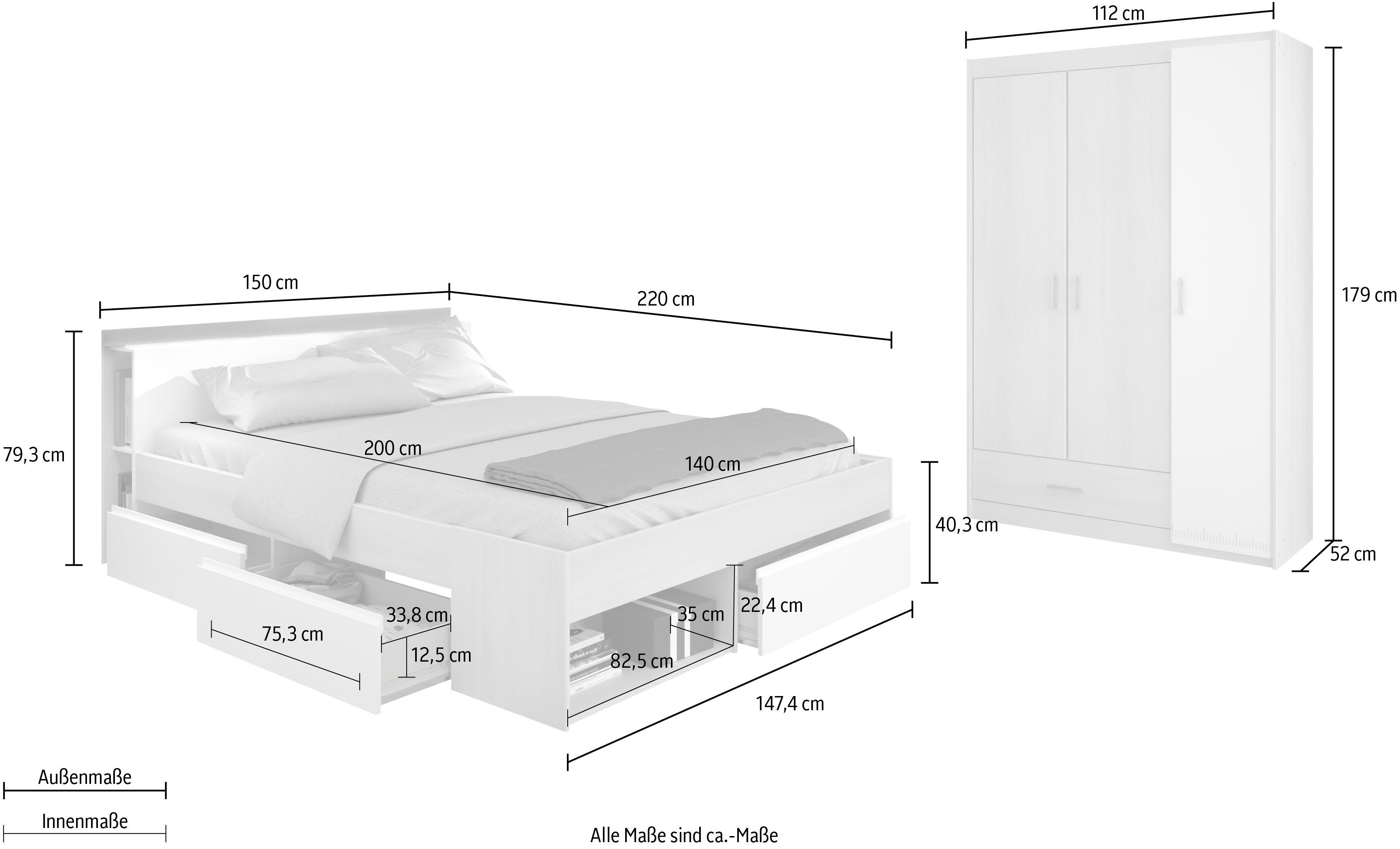 Parisot Jugendzimmer-Set Most, (Set, 2-St., Bett mit Schubkästen und Kleiderschrank)