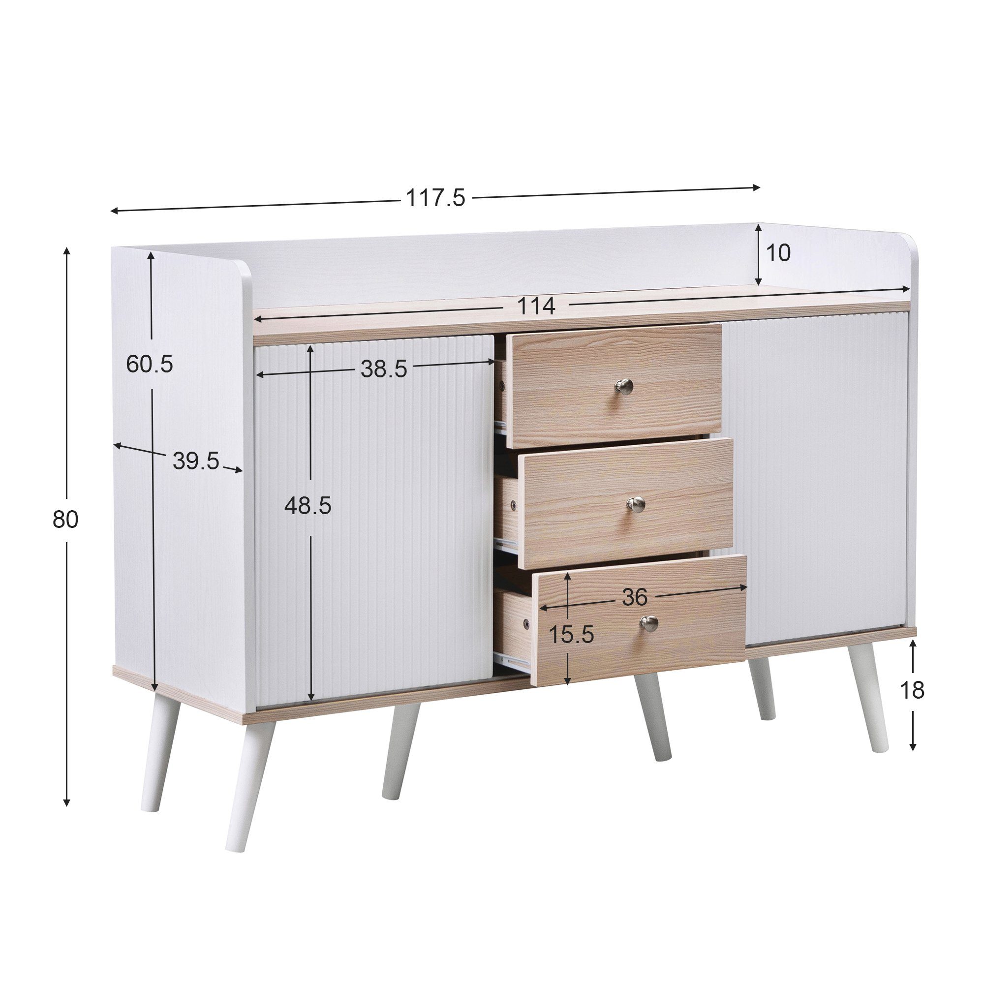 Merax Sideboard mit 3 Schubladen und 2 Schiebetüren, Kommode aus Holz mit verstellbaren Einlegeböden, B:117,5cm