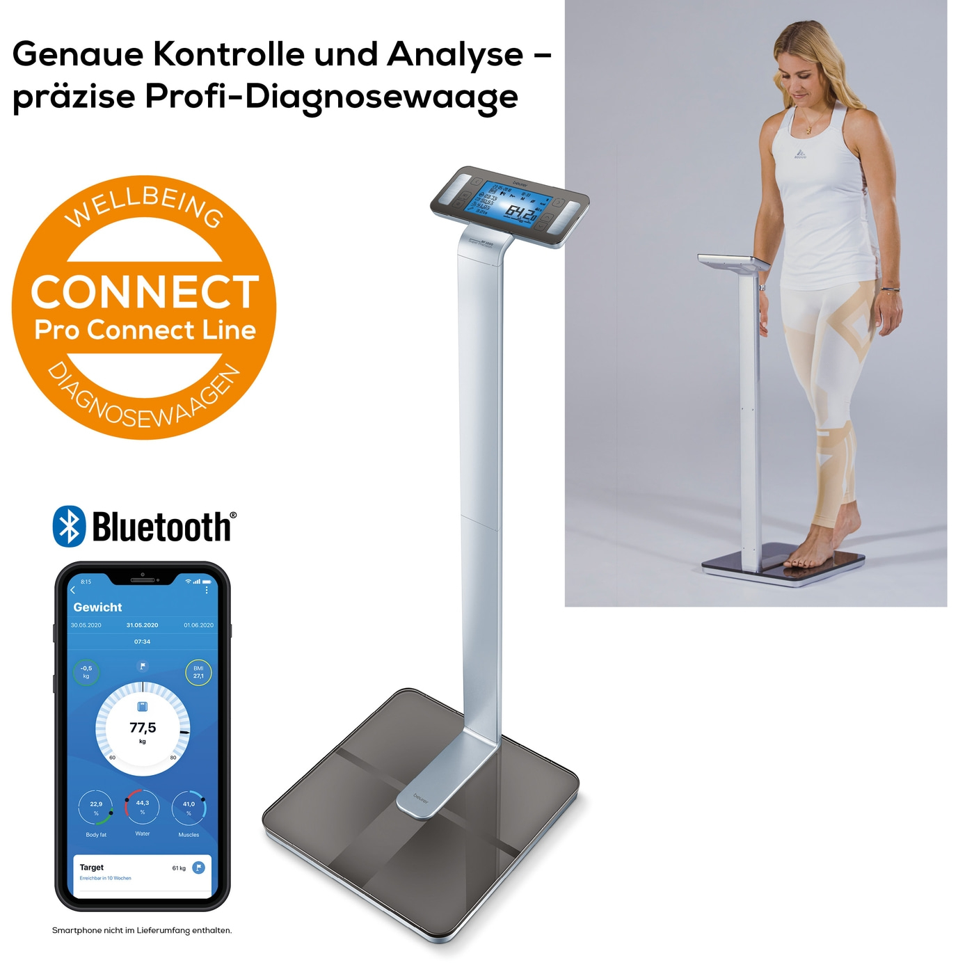 Beurer Diagnosewaage BF 1000 Super Precision-Säulenwaage mit Körperanalyse, Überkreuzmessung & App-Anbindung - bis 200 kg