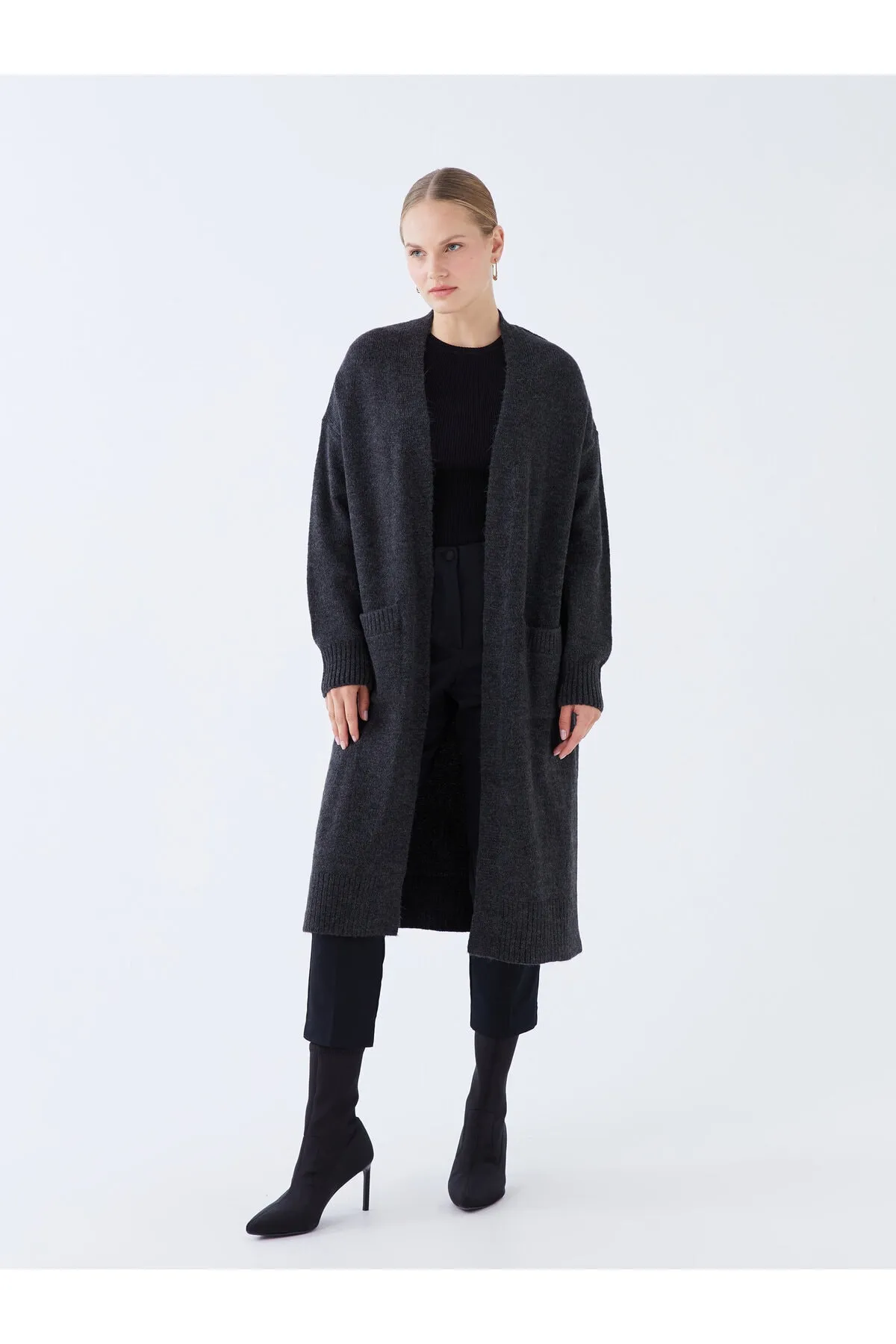 LC Waikiki  Einfarbiger, langärmliger Damen-Strick-Cardigan mit Schalkragen