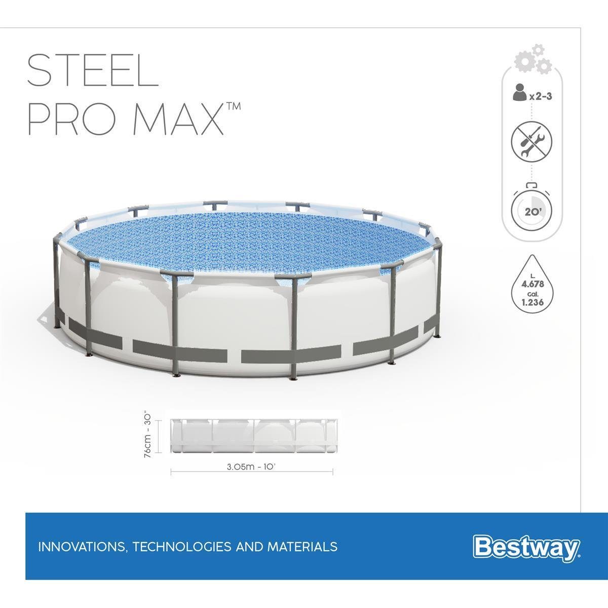 Bestway Framepool Steel ProMAX Pool Komplettset Rund Aufstellpool 305x76cm Planschbecken (Gartenpool ohne Pumpe Set, Gross, Aufstellbecken, Familienpool, Kinderpool), Schwimmbecken für Garten, Stahlrahmen, Kinder & Erwachsene