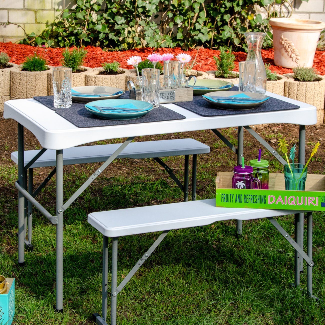 AMANKA Bierzeltgarnitur Bierzeltgarnitur für 4 Personen Tisch Set+2 Bänke, 112 x 61 cm Kunststoff Weiß